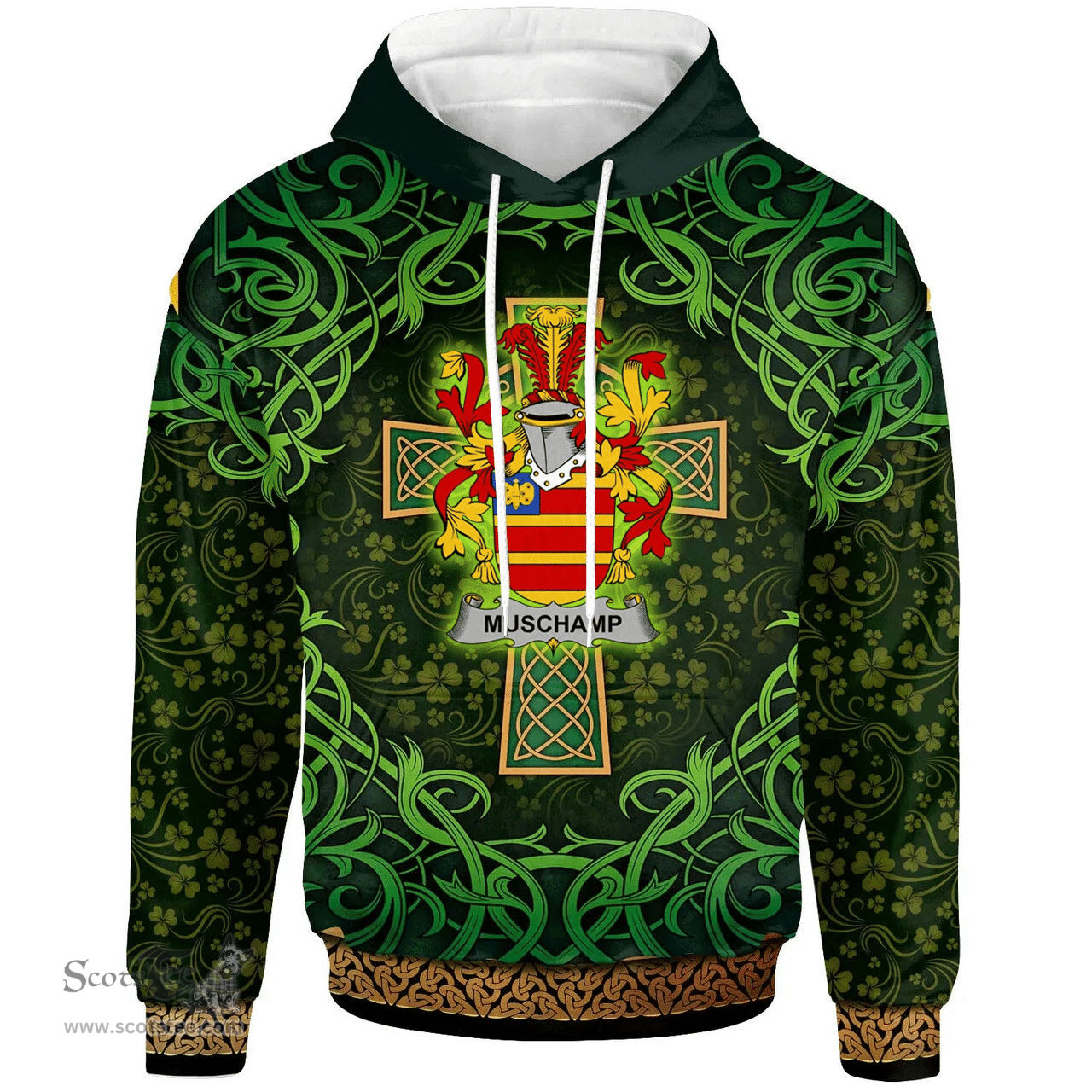 ScotsTee Shop Irish Muschamp Coat of Arms Family Crest Ireland Hoodie Celtic Cross Shamrock Patterns