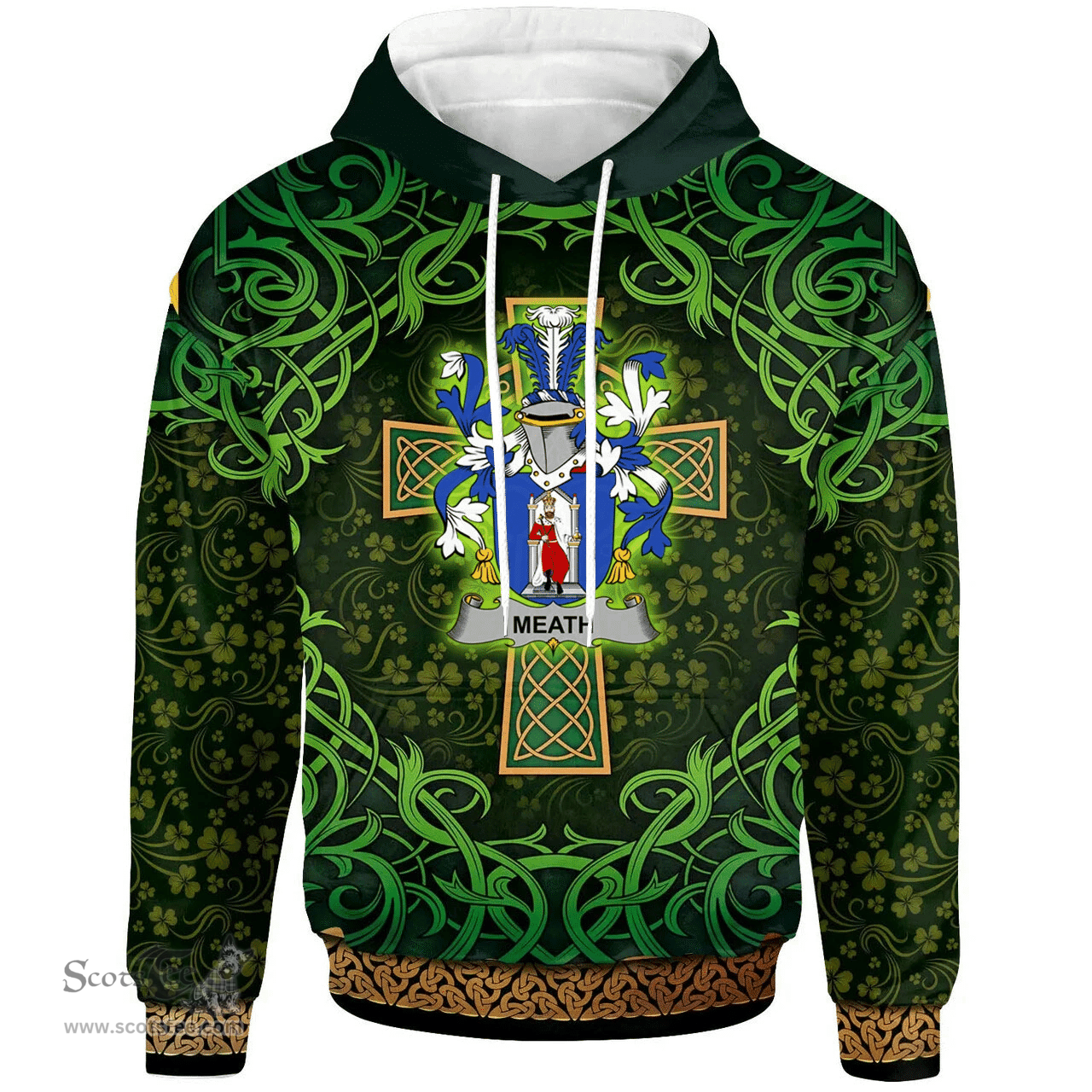 ScotsTee Shop Irish Meath Coat of Arms Family Crest Ireland Hoodie Celtic Cross Shamrock Patterns
