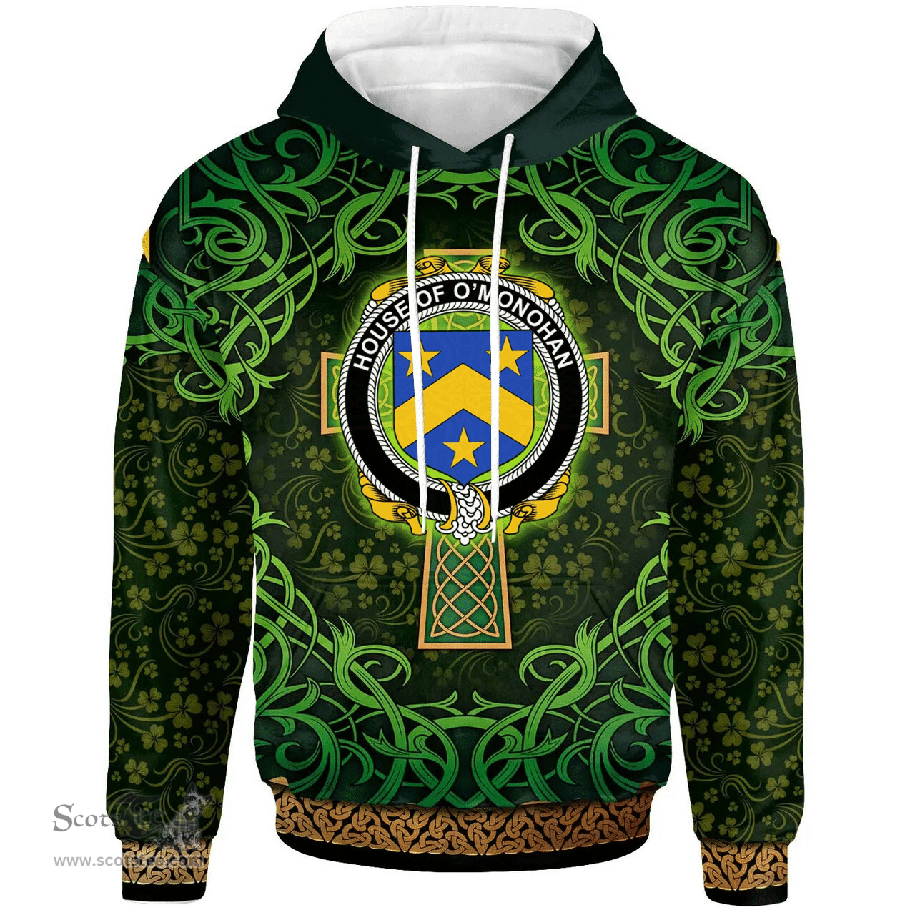 ScotsTee Shop Irish House of O'MONOHAN Coat of Arms Family Crest Ireland Hoodie Celtic Cross Shamrock Patterns