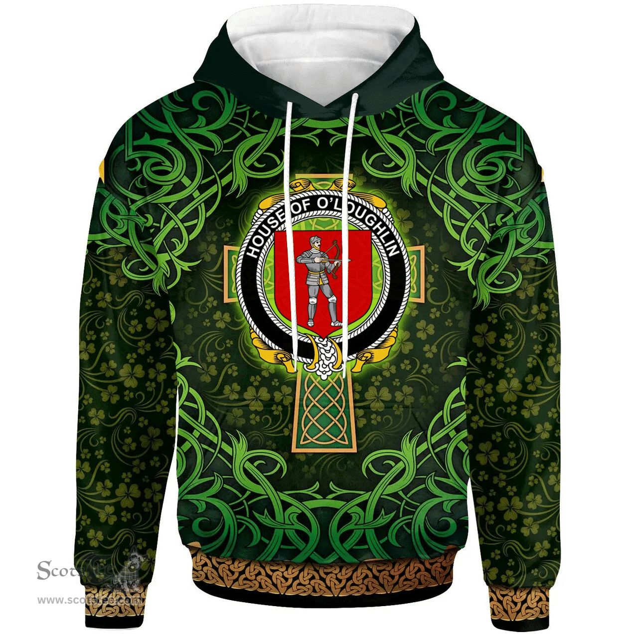 ScotsTee Shop Irish House of O'LOUGHLIN Coat of Arms Family Crest Ireland Hoodie Celtic Cross Shamrock Patterns