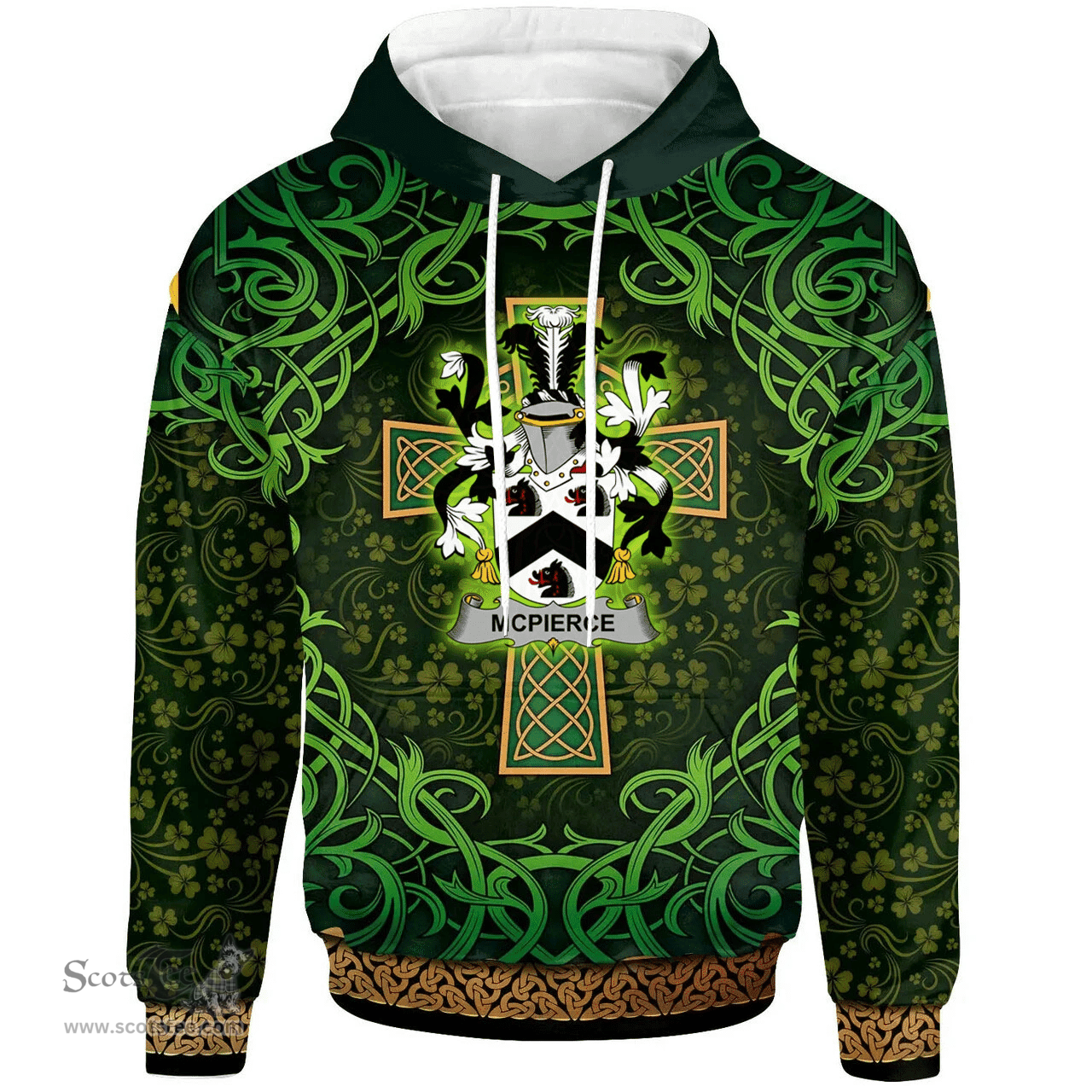 ScotsTee Shop Irish McPierce or Pierce Coat of Arms Family Crest Ireland Hoodie Celtic Cross Shamrock Patterns