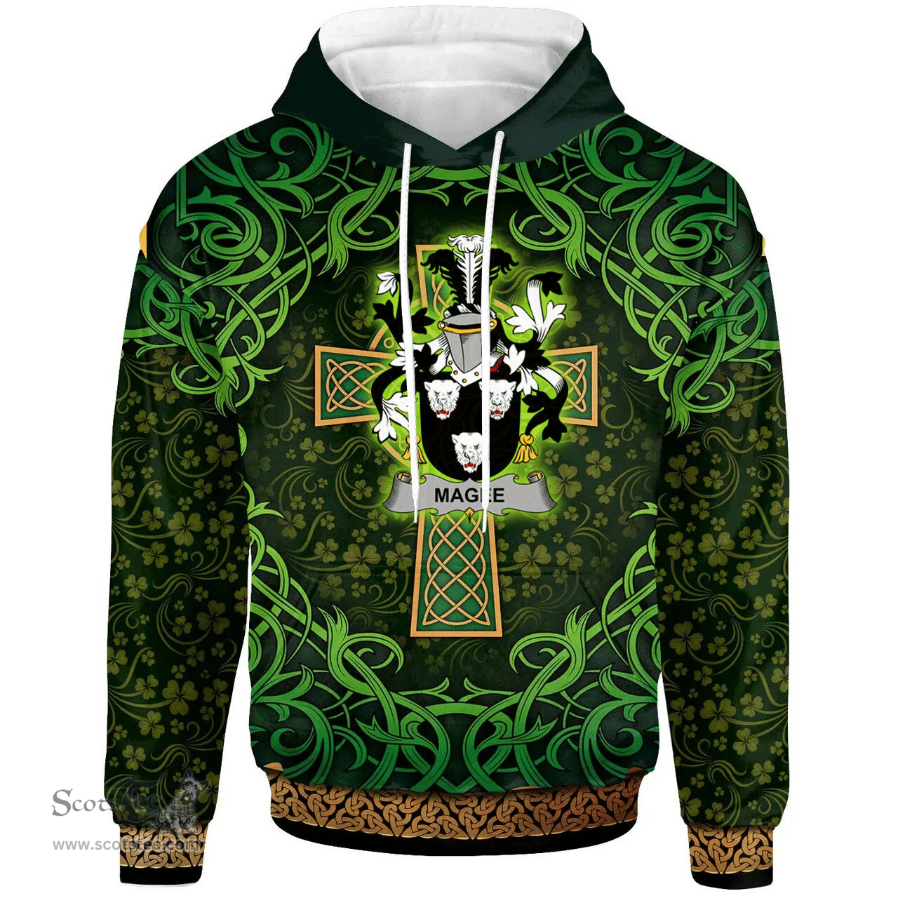 ScotsTee Shop Irish Magee or McGee Coat of Arms Family Crest Ireland Hoodie Celtic Cross Shamrock Patterns