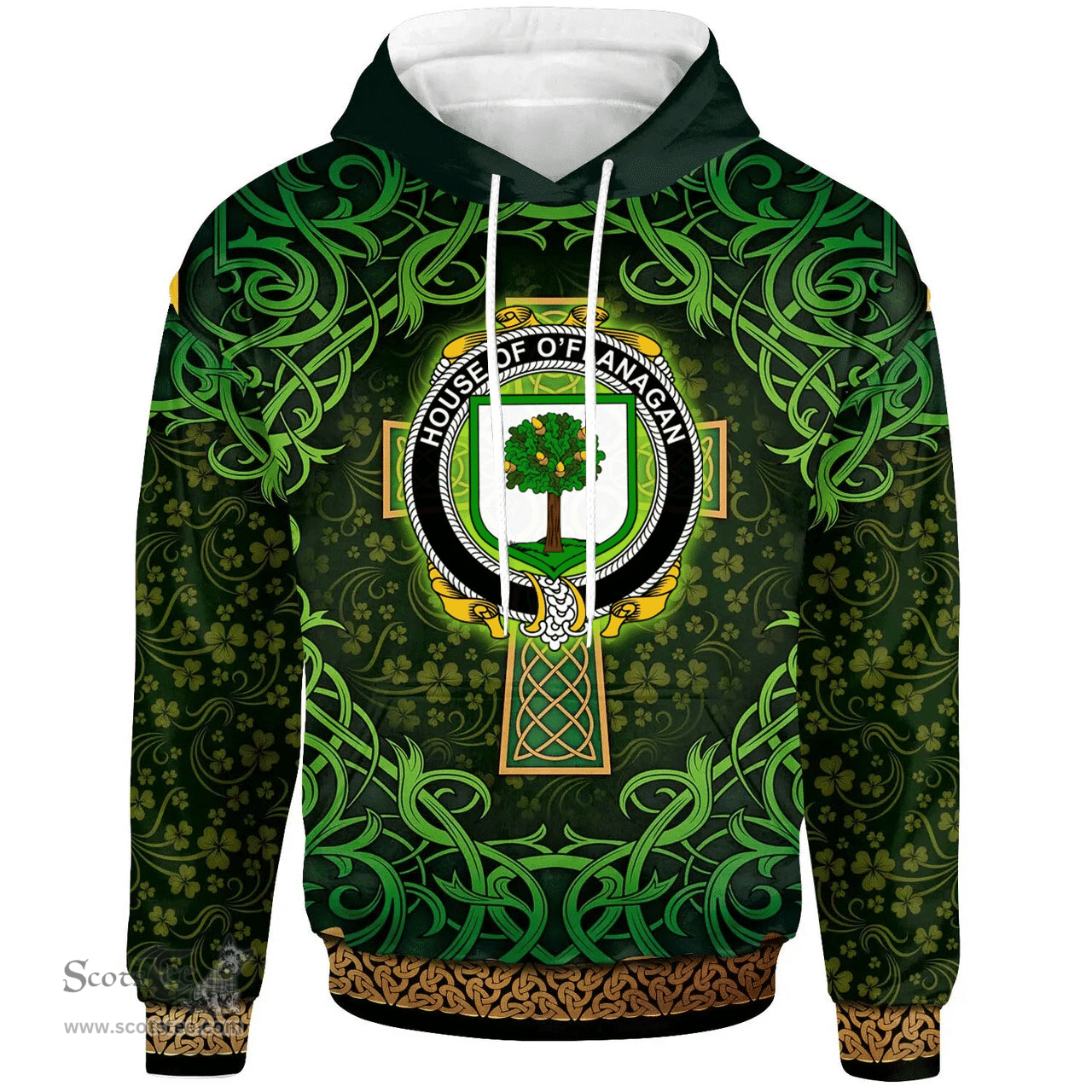 ScotsTee Shop Irish House of O'FLANAGAN Coat of Arms Family Crest Ireland Hoodie Celtic Cross Shamrock Patterns