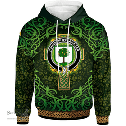 ScotsTee Shop Irish House of O'FLANAGAN Coat of Arms Family Crest Ireland Hoodie Celtic Cross Shamrock Patterns