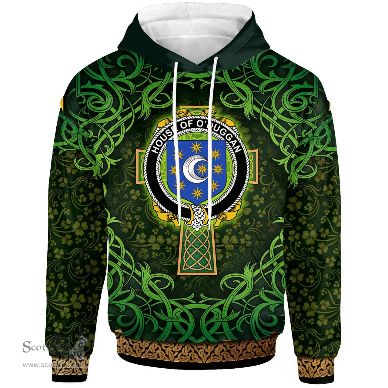 ScotsTee Shop Irish House of O'DUGGAN Coat of Arms Family Crest Ireland Hoodie Celtic Cross Shamrock Patterns