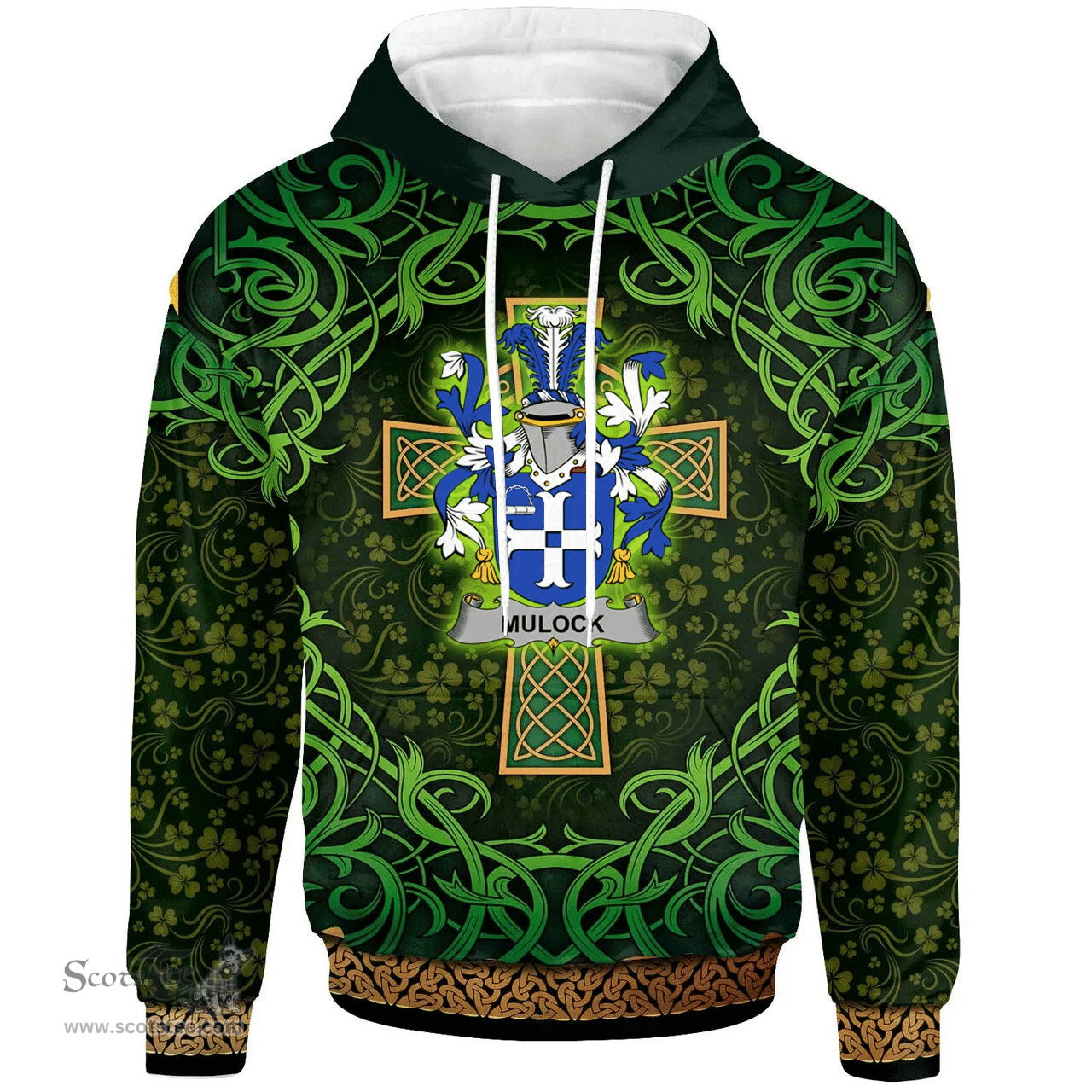ScotsTee Shop Irish Mulock or Mullock Coat of Arms Family Crest Ireland Hoodie Celtic Cross Shamrock Patterns