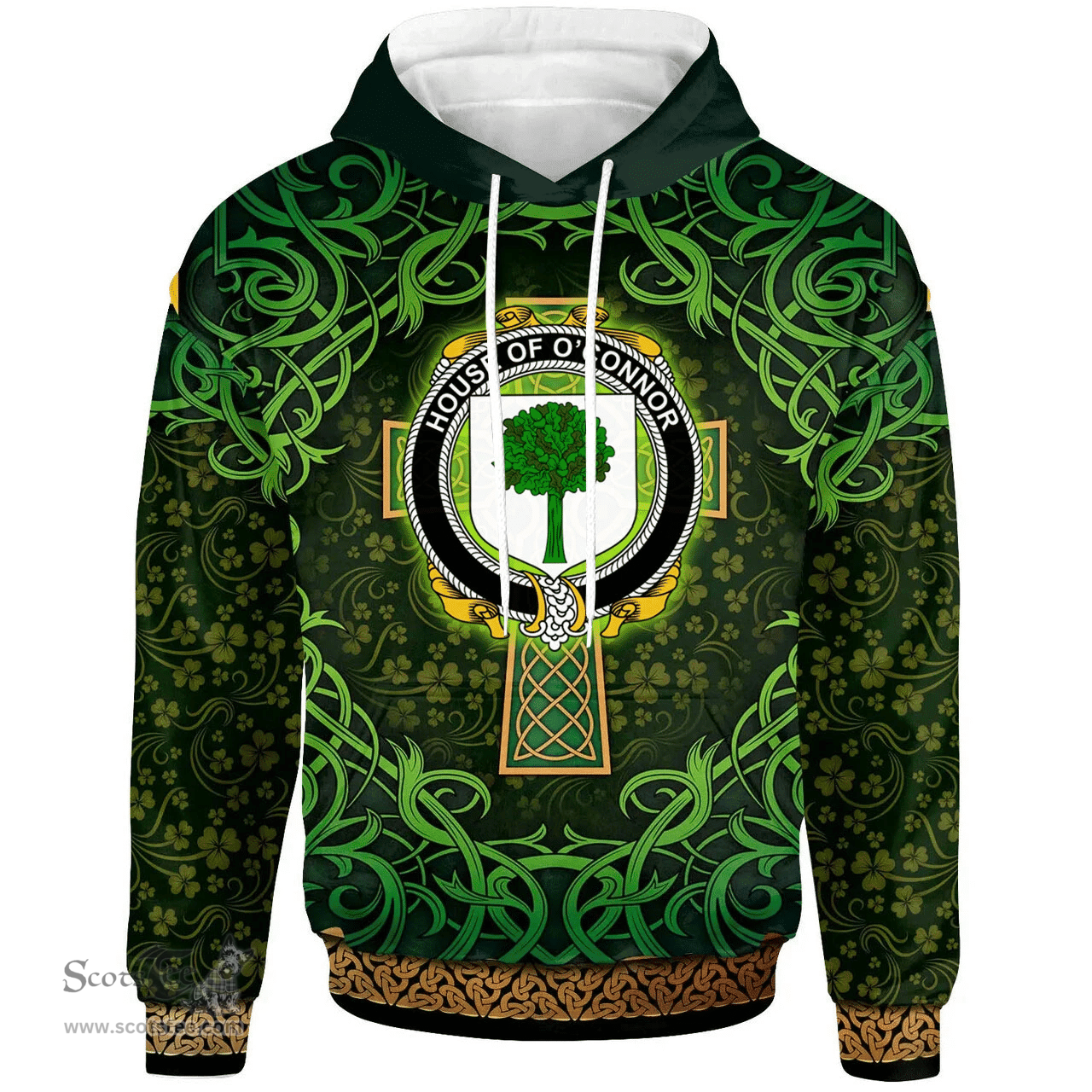 ScotsTee Shop Irish House of O'CONNOR (Don) Coat of Arms Family Crest Ireland Hoodie Celtic Cross Shamrock Patterns