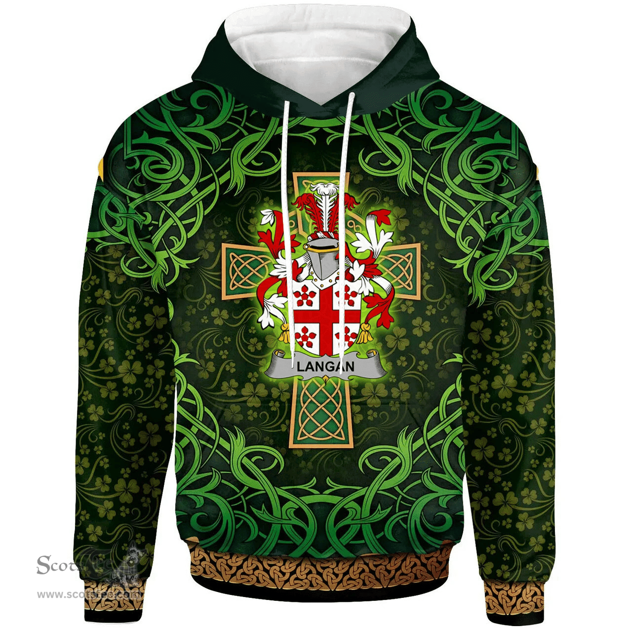 ScotsTee Shop Irish Langan or O'Longan Coat of Arms Family Crest Ireland Hoodie Celtic Cross Shamrock Patterns