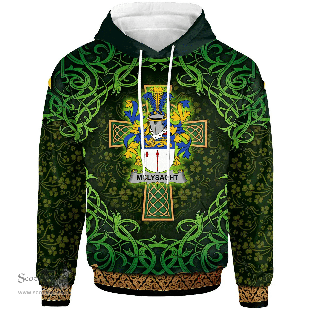 ScotsTee Shop Irish McLysacht or Lysacht Coat of Arms Family Crest Ireland Hoodie Celtic Cross Shamrock Patterns