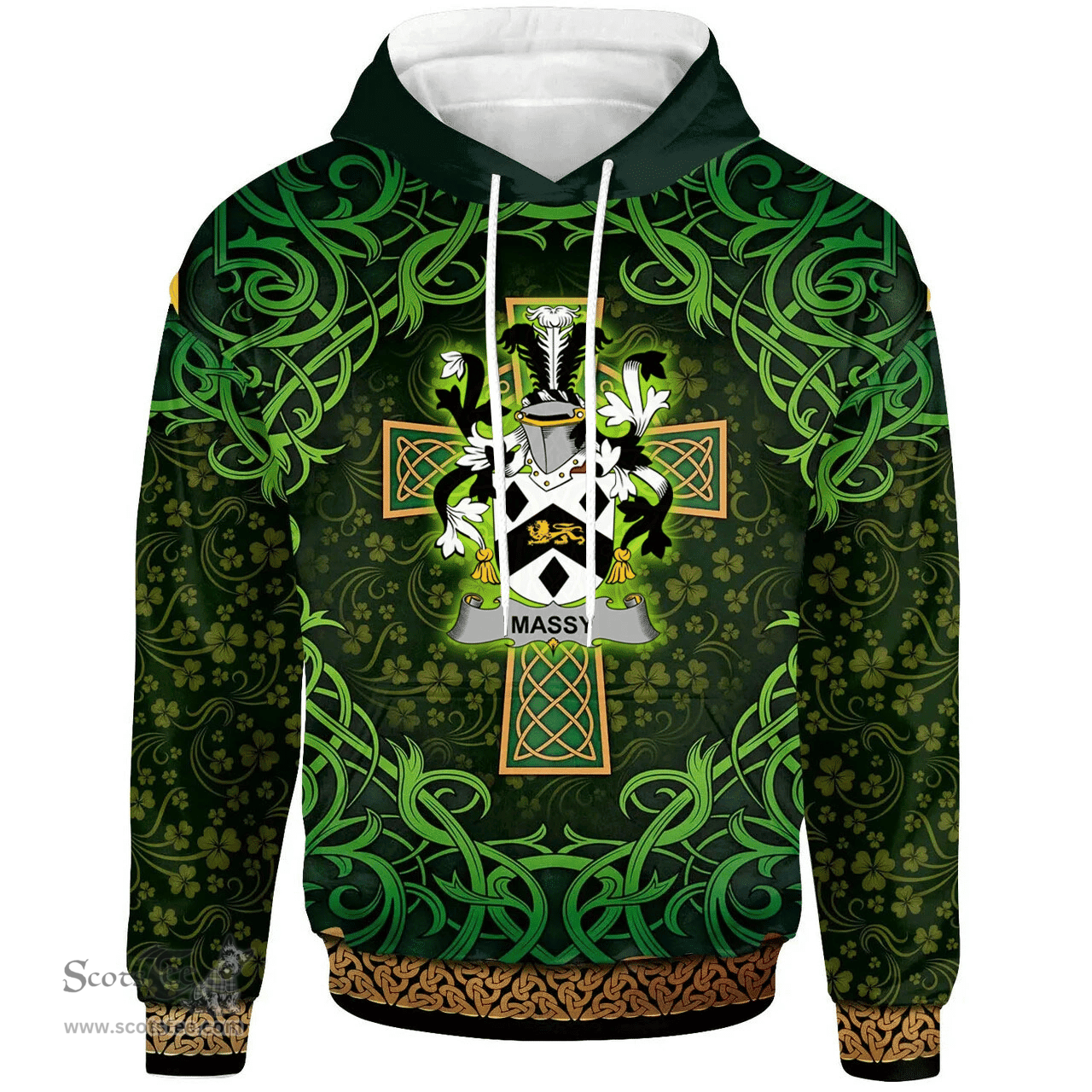 ScotsTee Shop Irish Massy or Massey Coat of Arms Family Crest Ireland Hoodie Celtic Cross Shamrock Patterns