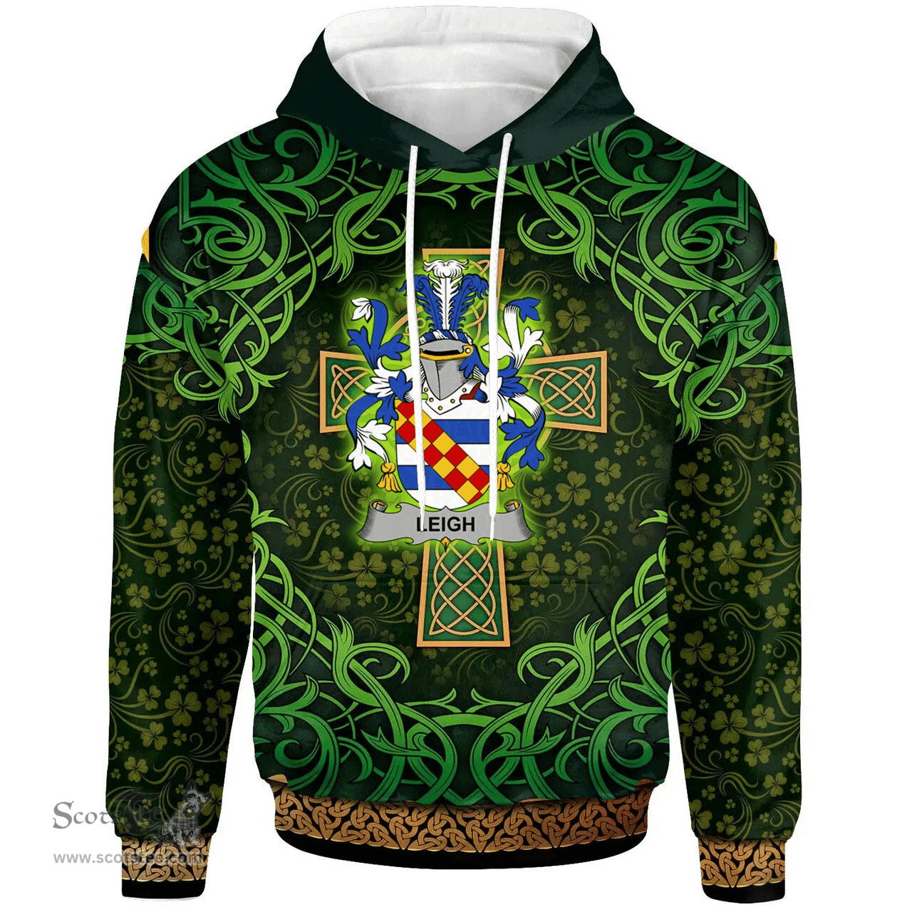 ScotsTee Shop Irish Leigh or McLaeghis Coat of Arms Family Crest Ireland Hoodie Celtic Cross Shamrock Patterns