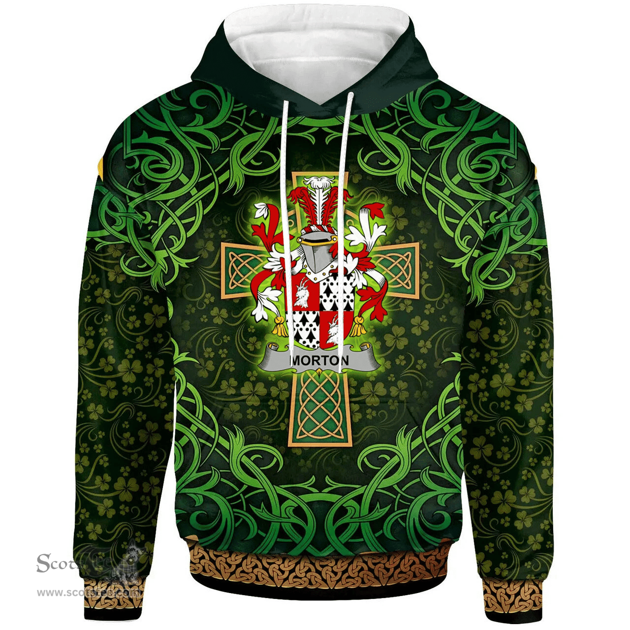 ScotsTee Shop Irish Morton Coat of Arms Family Crest Ireland Hoodie Celtic Cross Shamrock Patterns
