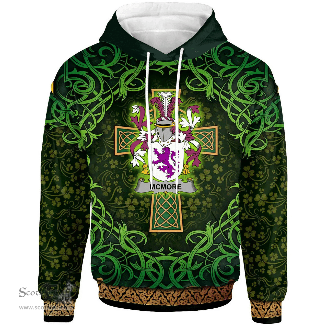 ScotsTee Shop Irish McMore or More Coat of Arms Family Crest Ireland Hoodie Celtic Cross Shamrock Patterns
