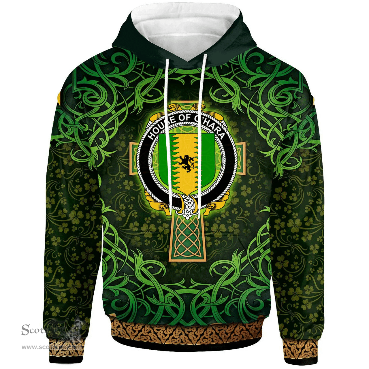 ScotsTee Shop Irish House of O'HARA Coat of Arms Family Crest Ireland Hoodie Celtic Cross Shamrock Patterns