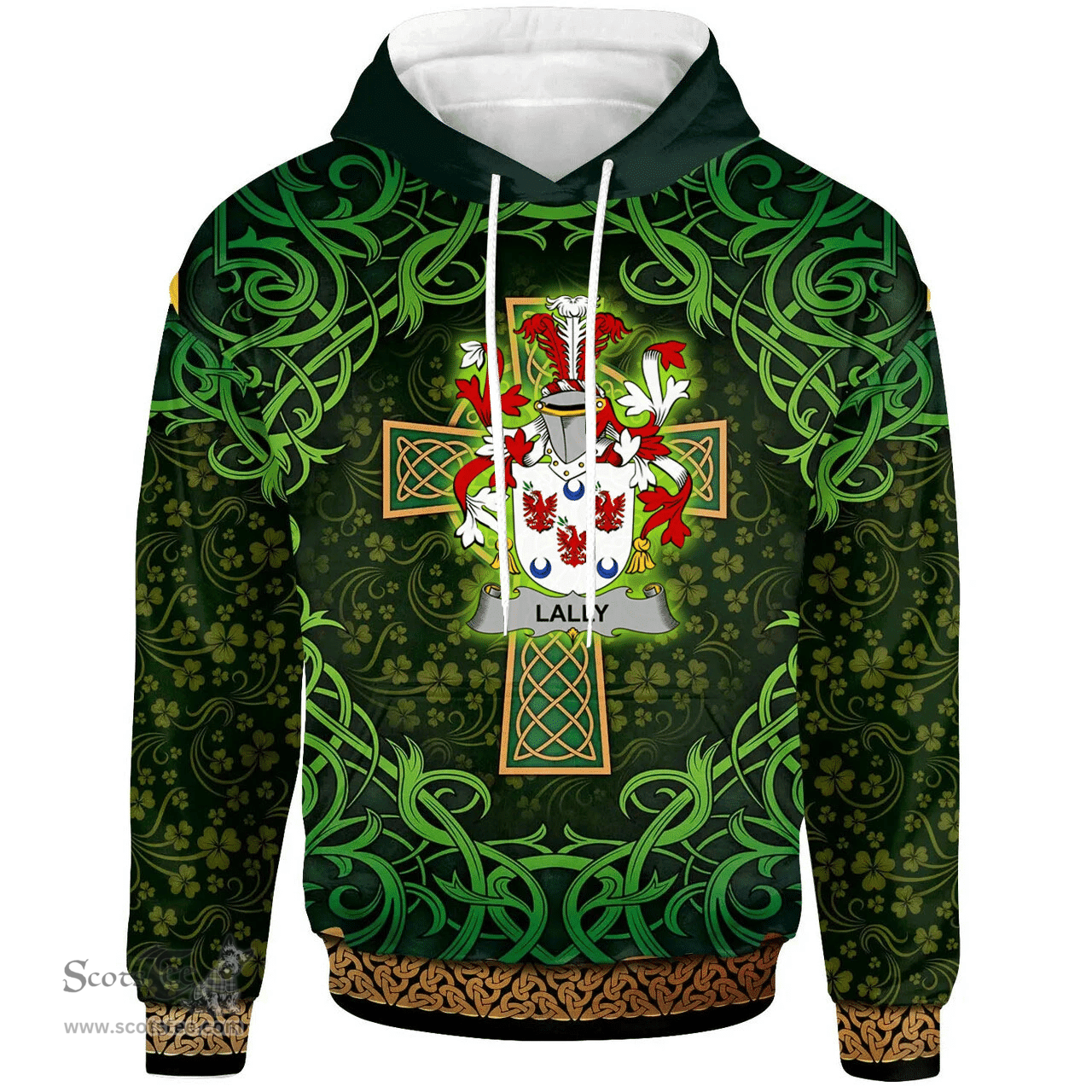 ScotsTee Shop Irish Lally or O'Mullally Coat of Arms Family Crest Ireland Hoodie Celtic Cross Shamrock Patterns