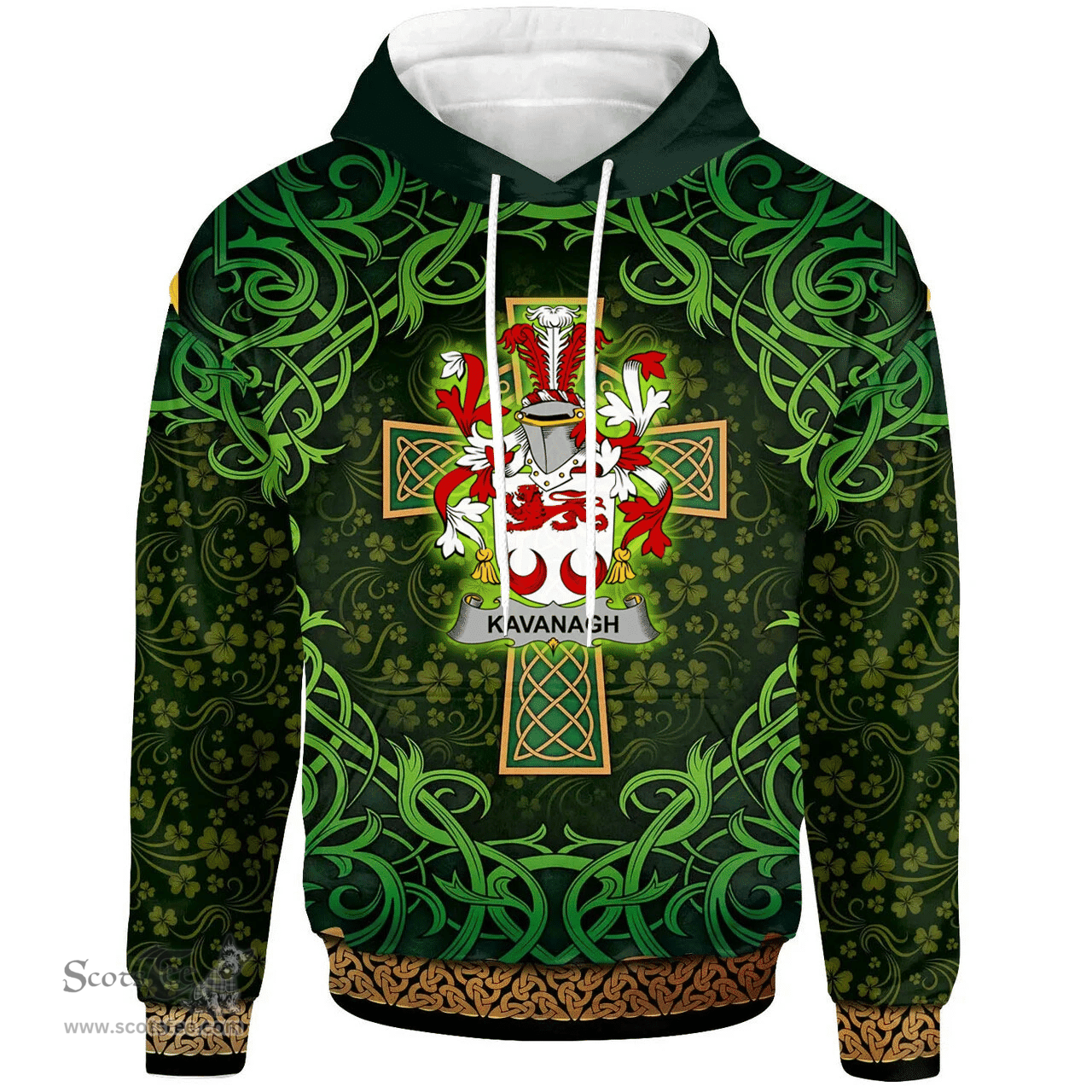 ScotsTee Shop Irish Kavanagh or Cavanagh Coat of Arms Family Crest Ireland Hoodie Celtic Cross Shamrock Patterns