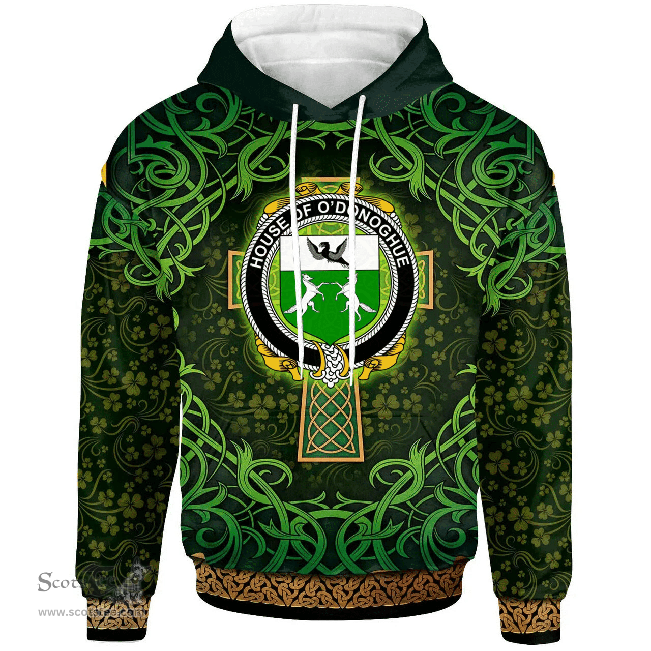 ScotsTee Shop Irish House of O'DONOGHUE Coat of Arms Family Crest Ireland Hoodie Celtic Cross Shamrock Patterns