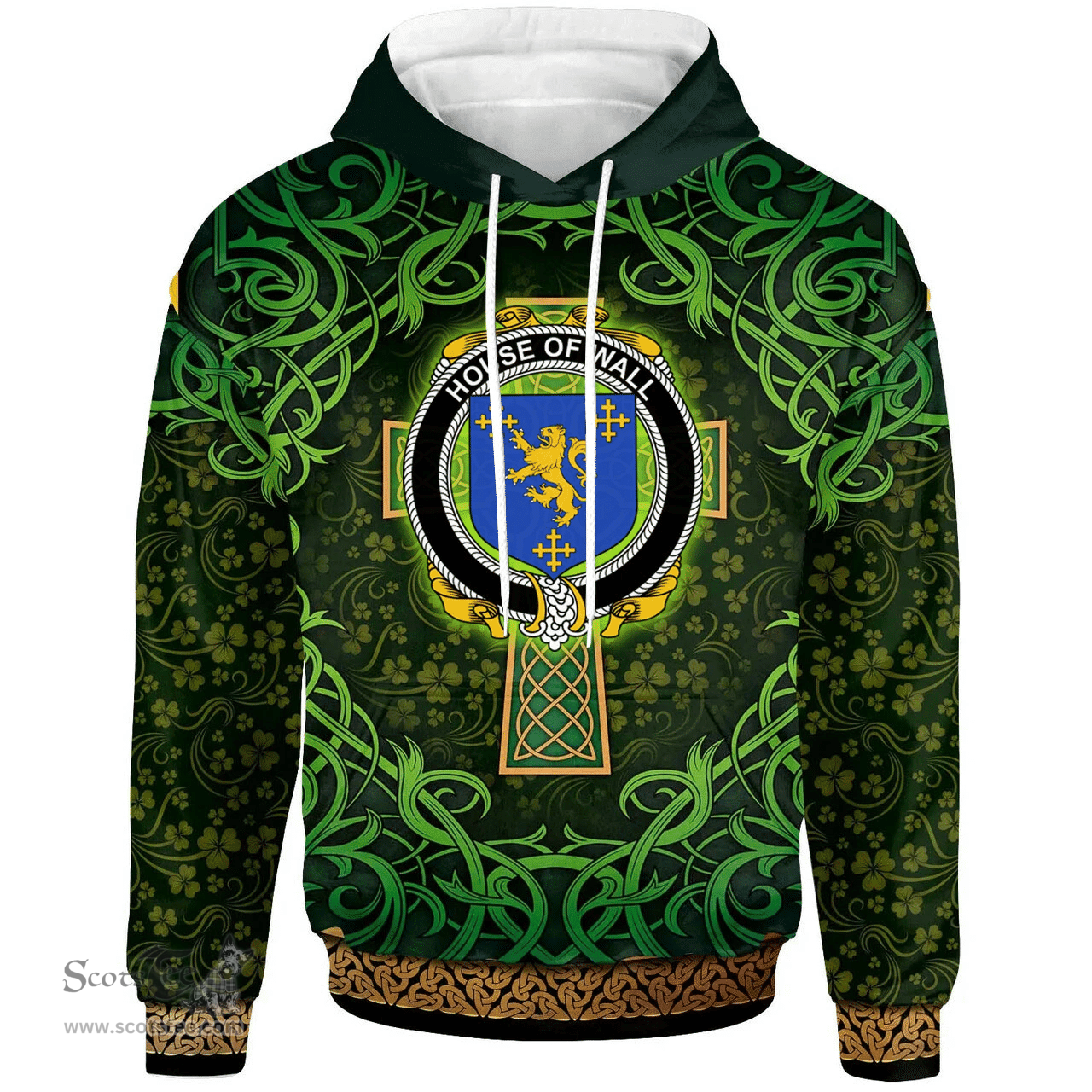 ScotsTee Shop Irish House of WALL Coat of Arms Family Crest Ireland Hoodie Celtic Cross Shamrock Patterns