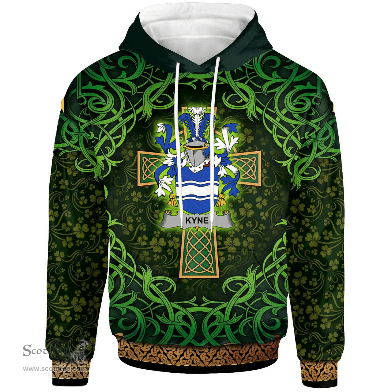 ScotsTee Shop Irish Kyne or O'Kyne Coat of Arms Family Crest Ireland Hoodie Celtic Cross Shamrock Patterns