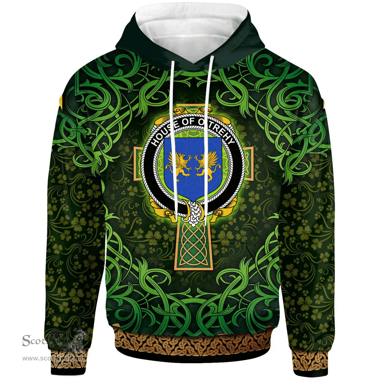ScotsTee Shop Irish House of O'TREHY (Troy) Coat of Arms Family Crest Ireland Hoodie Celtic Cross Shamrock Patterns