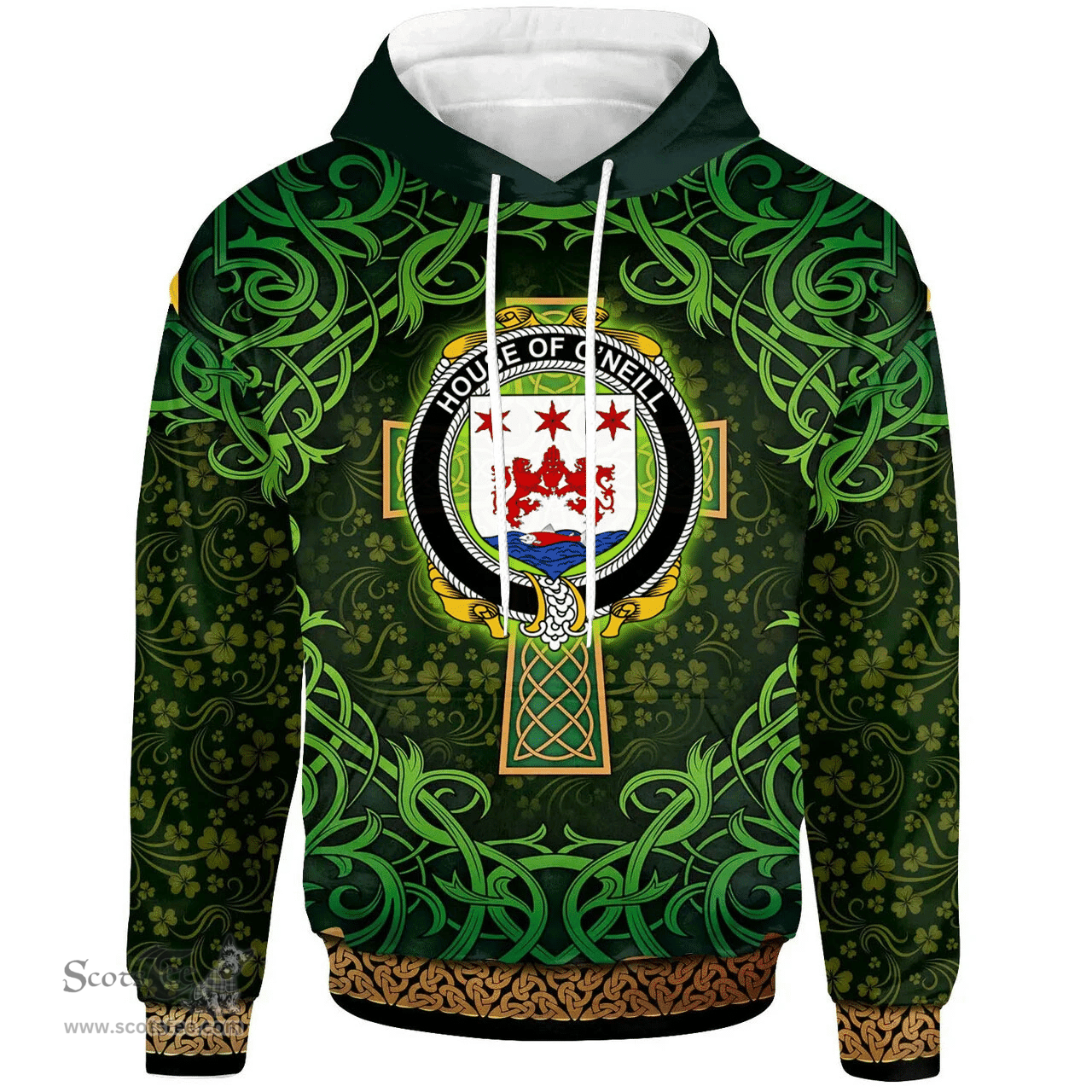 ScotsTee Shop Irish House of O'NEILL Coat of Arms Family Crest Ireland Hoodie Celtic Cross Shamrock Patterns