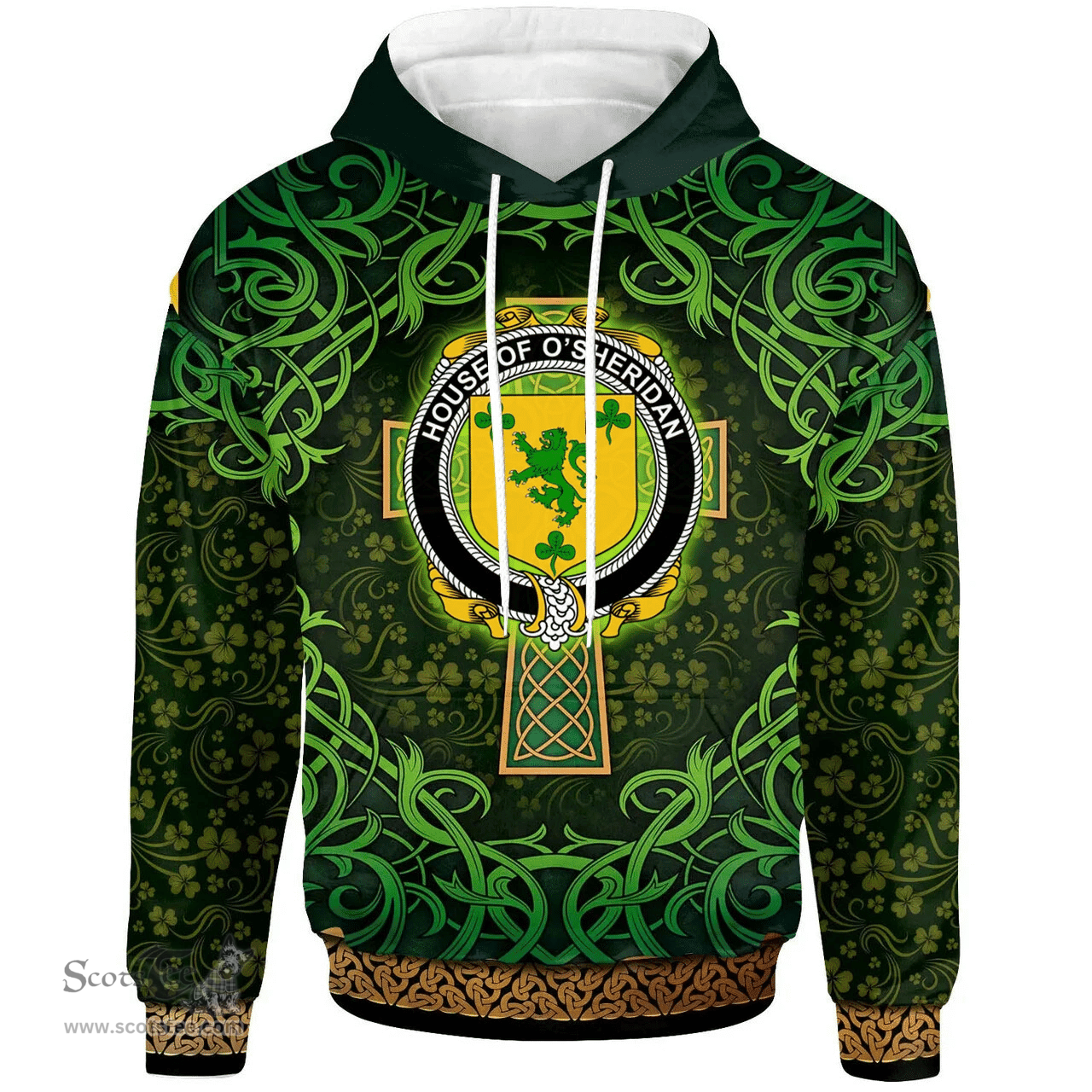 ScotsTee Shop Irish House of O'SHERIDAN Coat of Arms Family Crest Ireland Hoodie Celtic Cross Shamrock Patterns