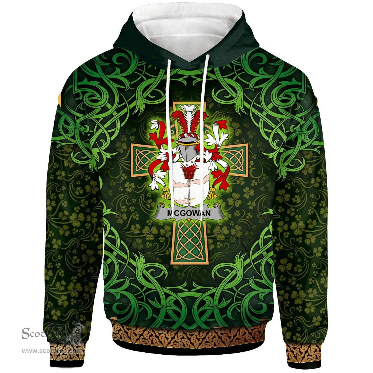 ScotsTee Shop Irish McGowan or McGouan Coat of Arms Family Crest Ireland Hoodie Celtic Cross Shamrock Patterns