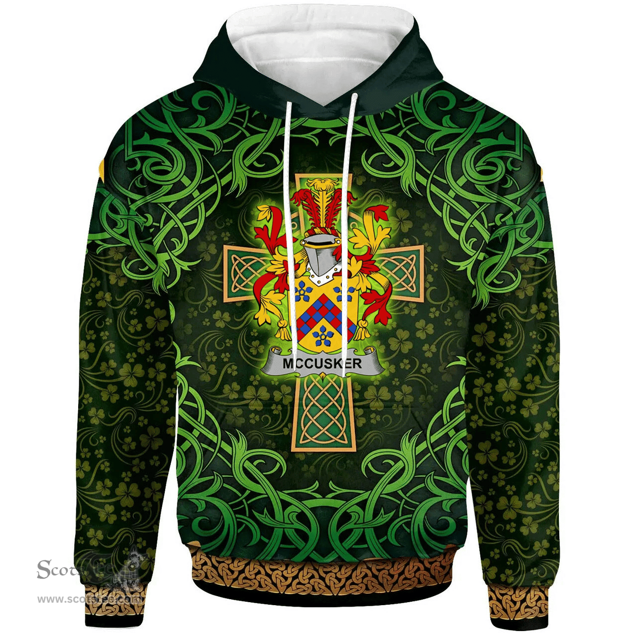 ScotsTee Shop Irish McCusker or Cosker Coat of Arms Family Crest Ireland Hoodie Celtic Cross Shamrock Patterns