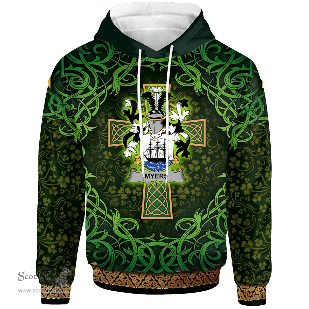 ScotsTee Shop Irish Myers Coat of Arms Family Crest Ireland Hoodie Celtic Cross Shamrock Patterns