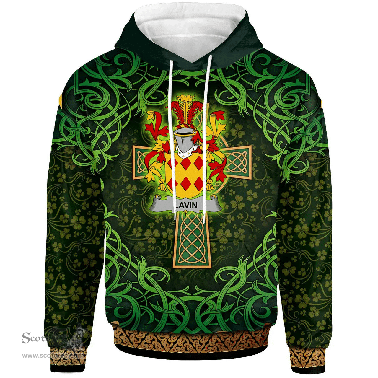ScotsTee Shop Irish Lavin or O'Lavin Coat of Arms Family Crest Ireland Hoodie Celtic Cross Shamrock Patterns