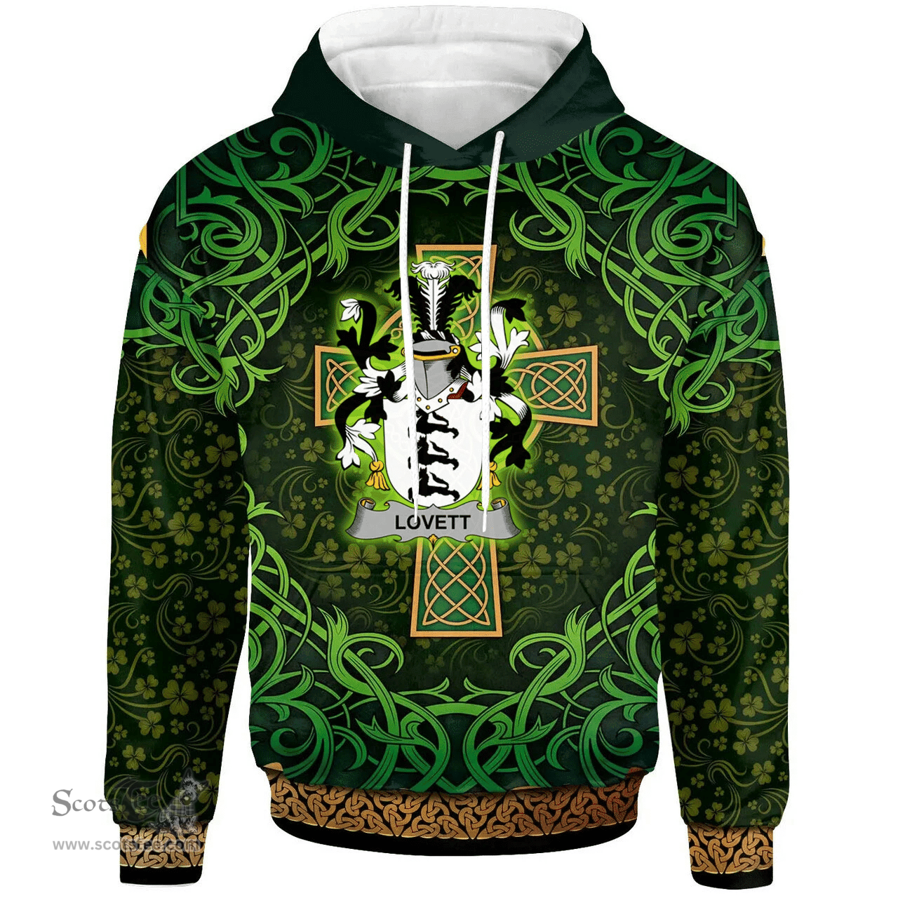 ScotsTee Shop Irish Lovett Coat of Arms Family Crest Ireland Hoodie Celtic Cross Shamrock Patterns