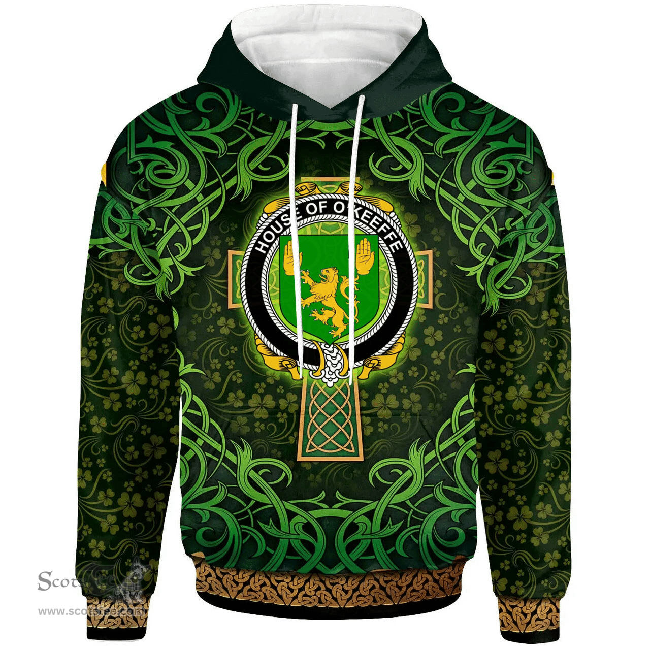 ScotsTee Shop Irish House of O'KEEFFE Coat of Arms Family Crest Ireland Hoodie Celtic Cross Shamrock Patterns