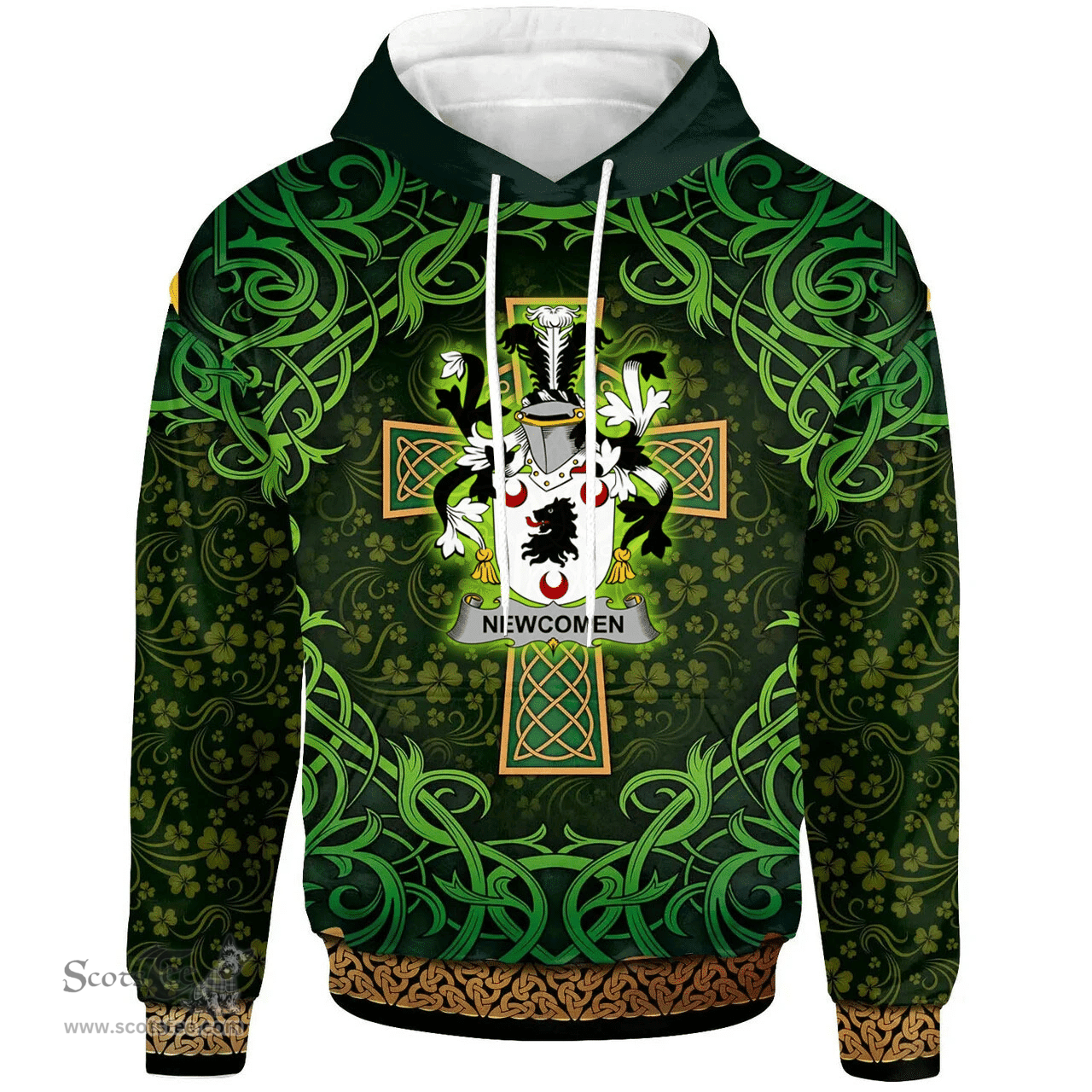 ScotsTee Shop Irish Newcomen or Newcombe Coat of Arms Family Crest Ireland Hoodie Celtic Cross Shamrock Patterns