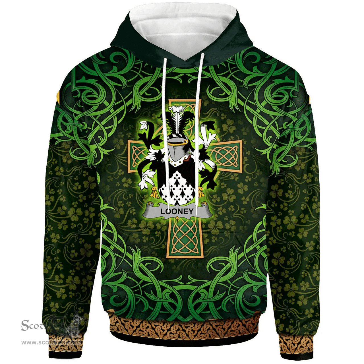 ScotsTee Shop Irish Looney or O'Lunney Coat of Arms Family Crest Ireland Hoodie Celtic Cross Shamrock Patterns