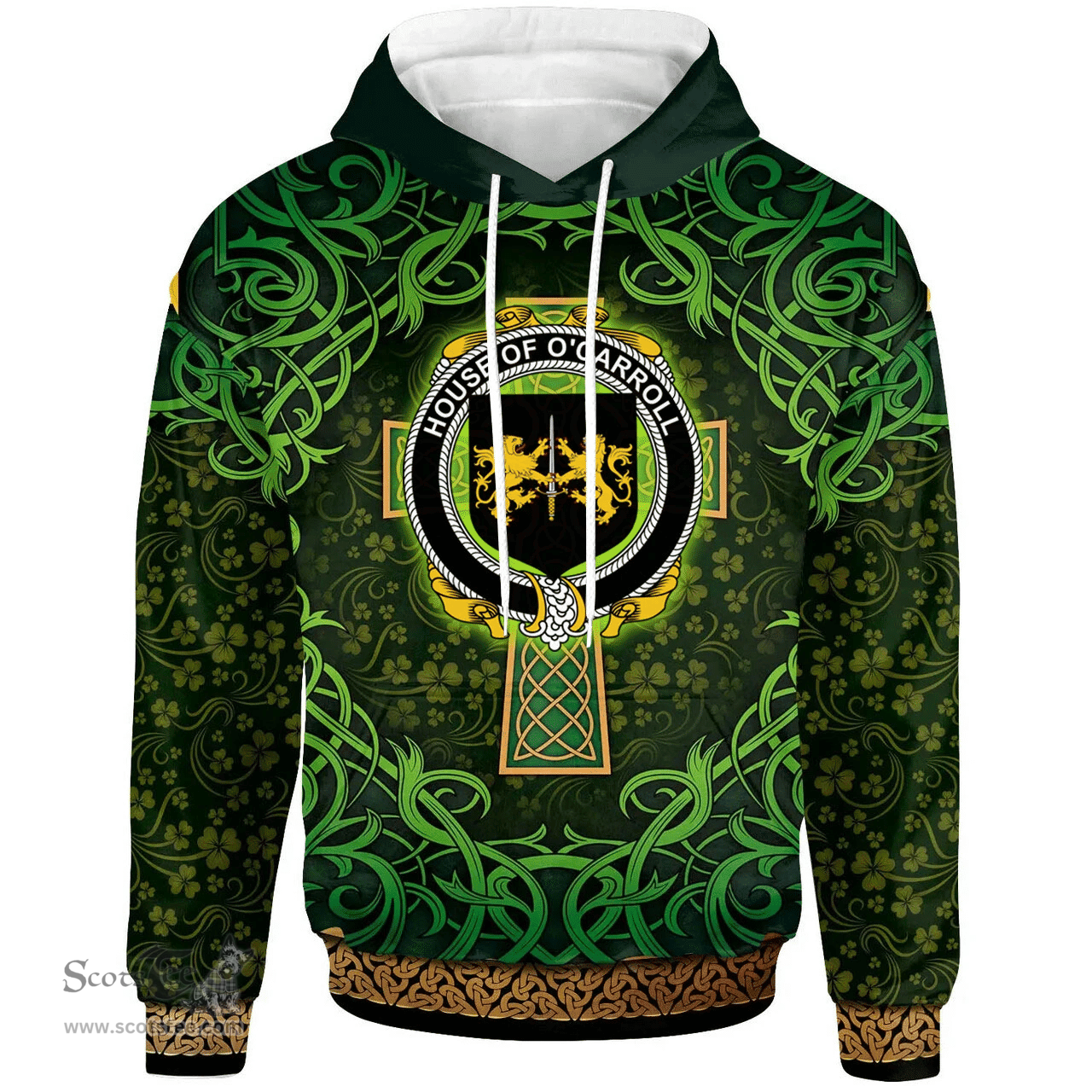 ScotsTee Shop Irish House of O'CARROLL Coat of Arms Family Crest Ireland Hoodie Celtic Cross Shamrock Patterns