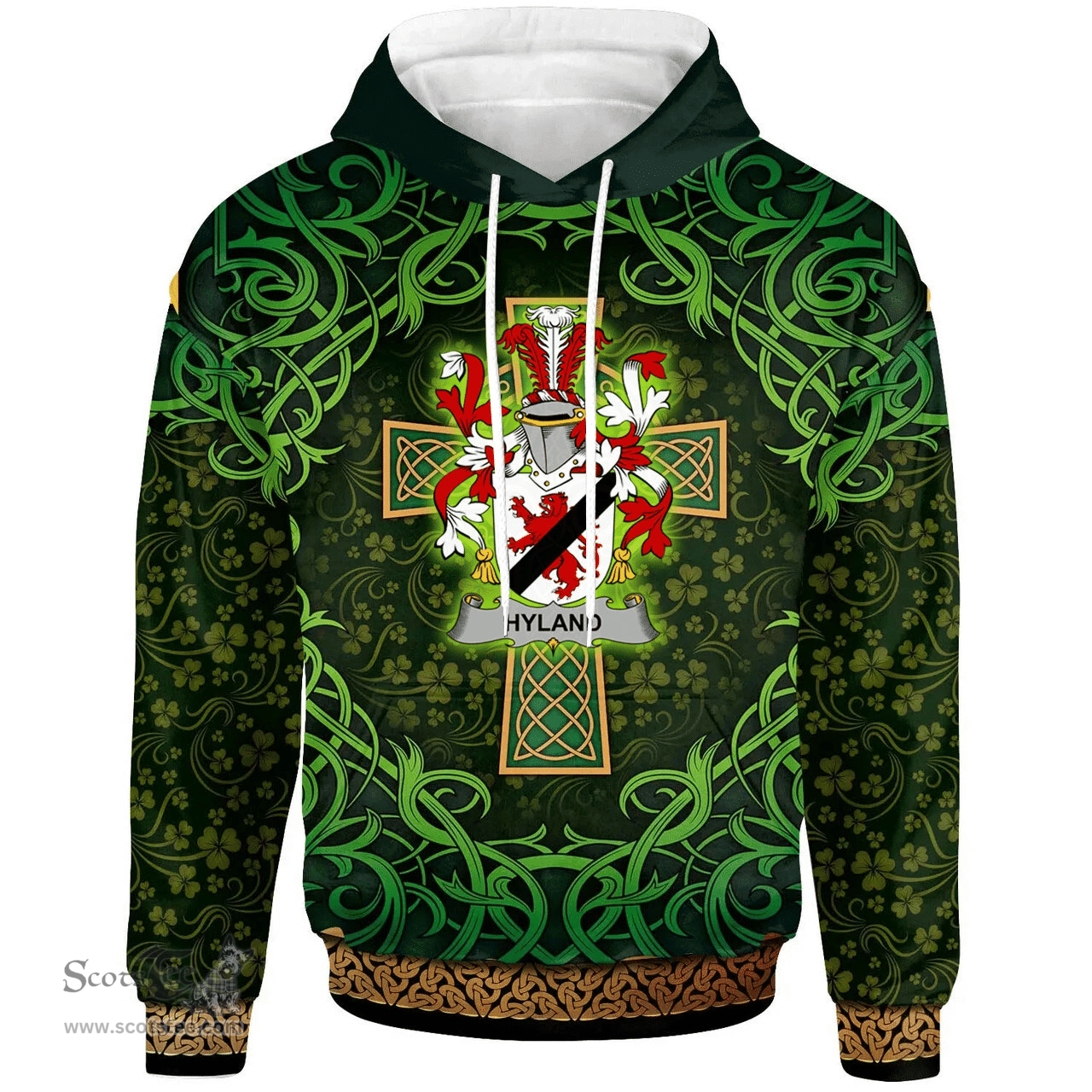 ScotsTee Shop Irish Hyland or O'Hyland Coat of Arms Family Crest Ireland Hoodie Celtic Cross Shamrock Patterns