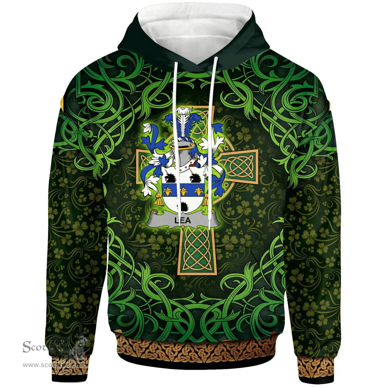ScotsTee Shop Irish Lea or McLea Coat of Arms Family Crest Ireland Hoodie Celtic Cross Shamrock Patterns