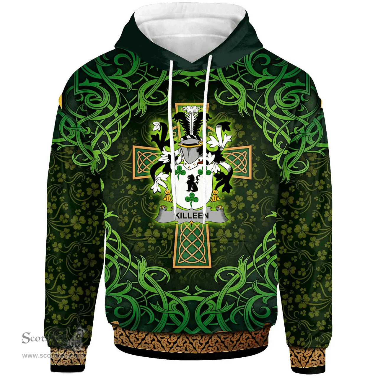 ScotsTee Shop Irish Killeen or O'Killeen Coat of Arms Family Crest Ireland Hoodie Celtic Cross Shamrock Patterns