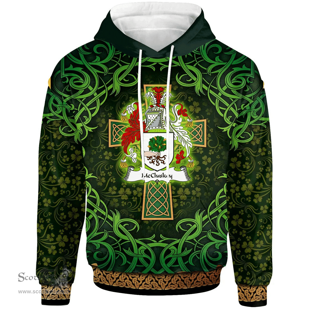 ScotsTee Shop Irish McCluskey Coat of Arms Family Crest Ireland Hoodie Celtic Cross Shamrock Patterns