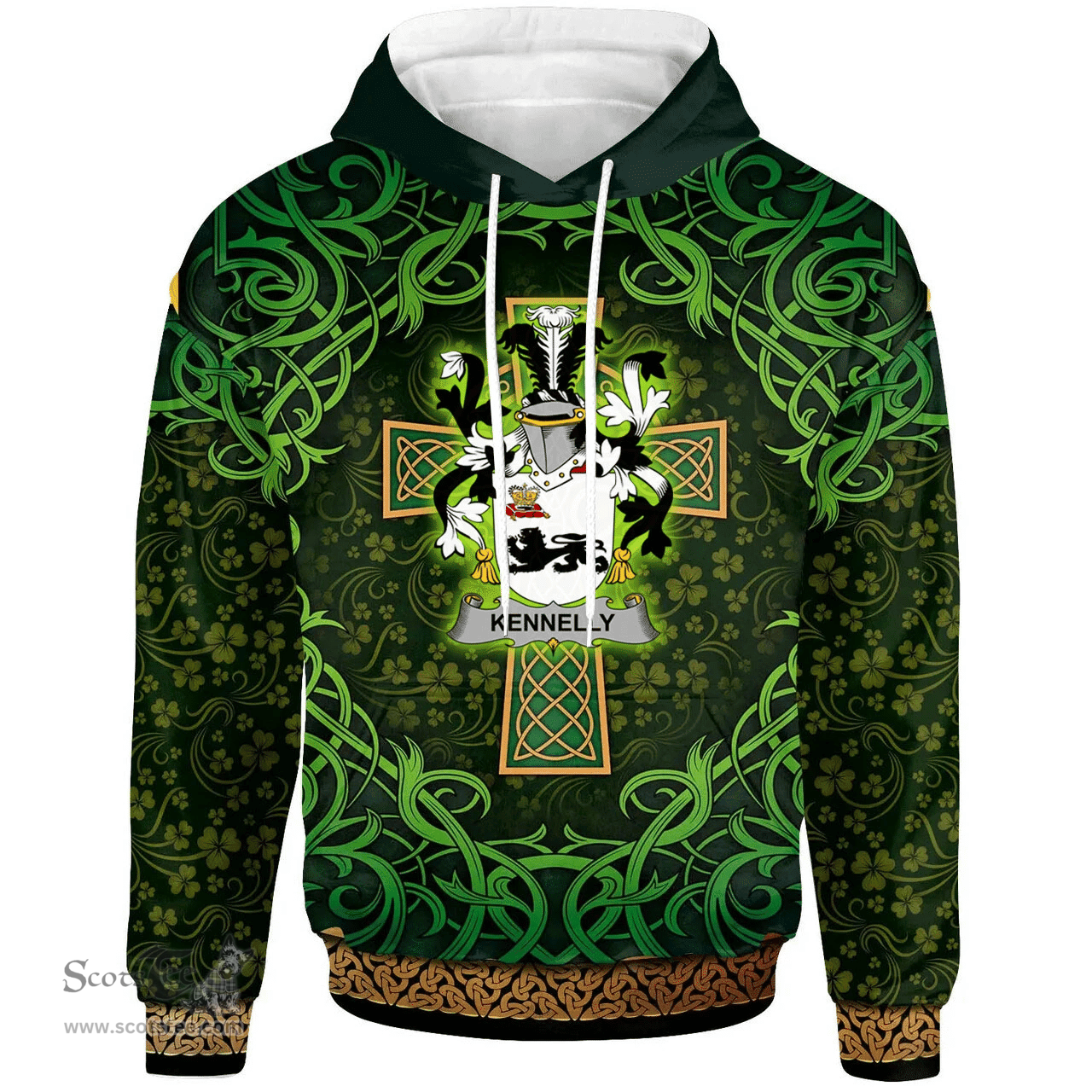 ScotsTee Shop Irish Kennelly or O'Kineally Coat of Arms Family Crest Ireland Hoodie Celtic Cross Shamrock Patterns