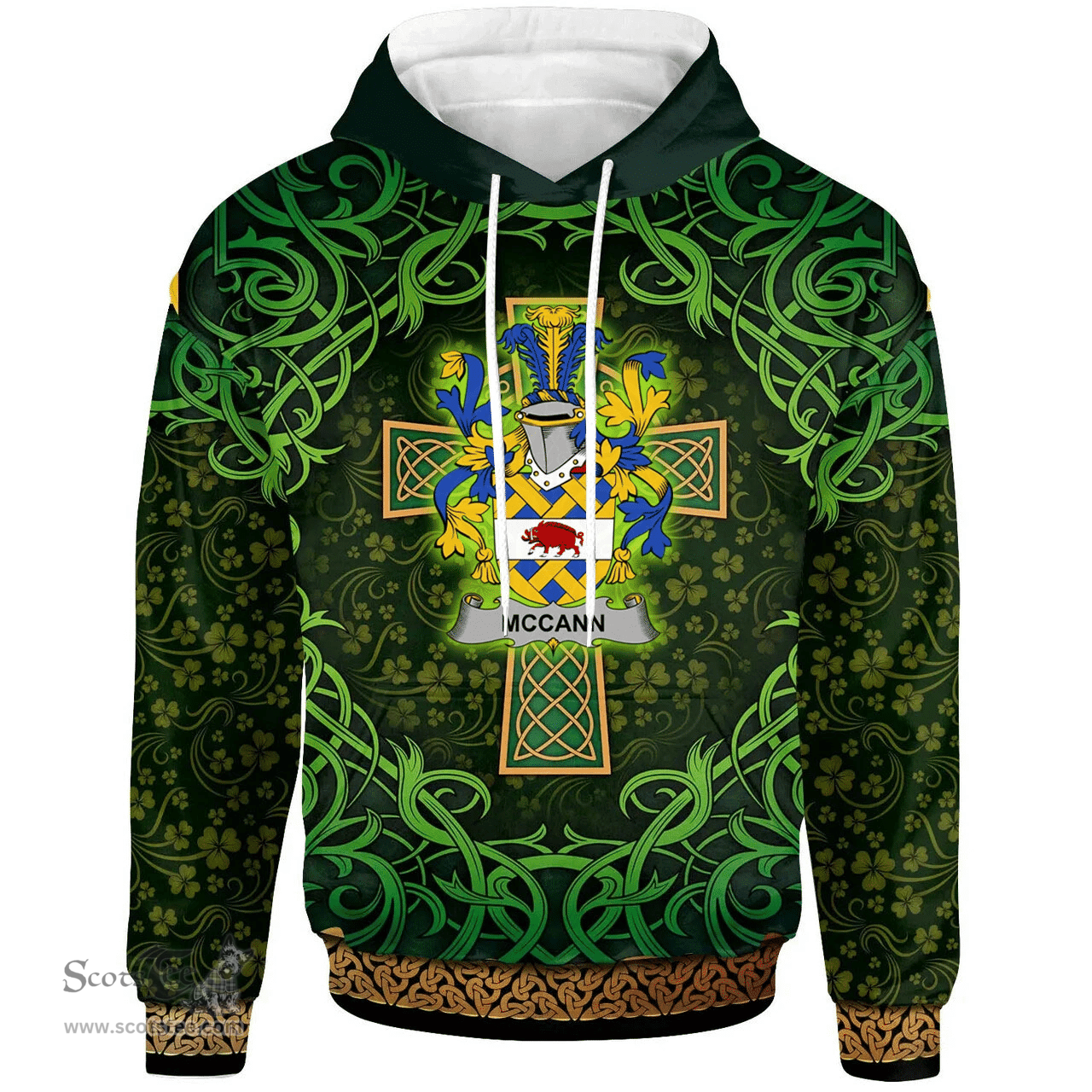 ScotsTee Shop Irish McCann Coat of Arms Family Crest Ireland Hoodie Celtic Cross Shamrock Patterns