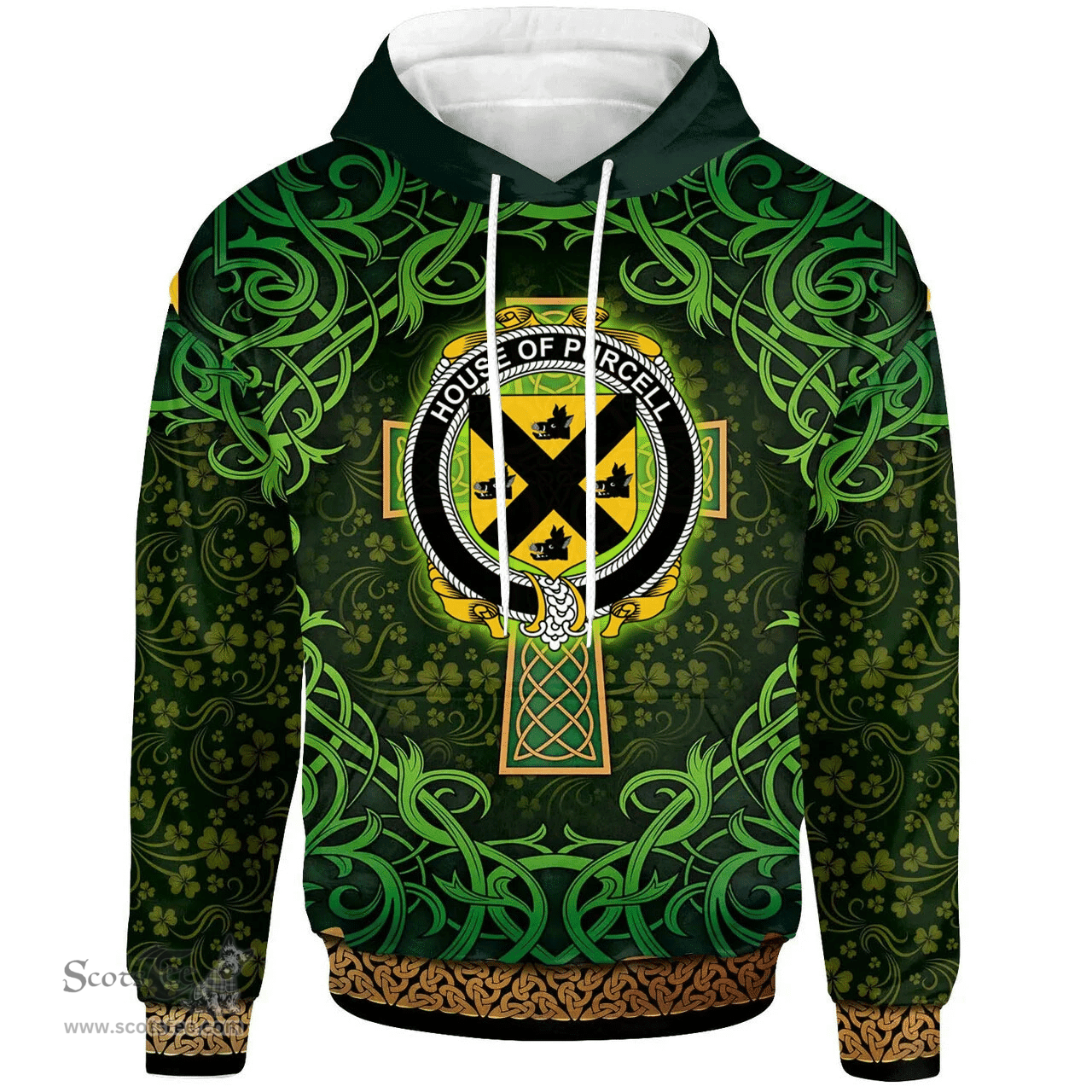 ScotsTee Shop Irish House of PURCELL Coat of Arms Family Crest Ireland Hoodie Celtic Cross Shamrock Patterns