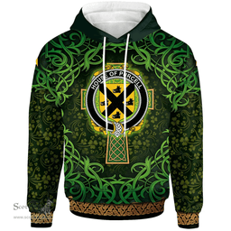 ScotsTee Shop Irish House of PURCELL Coat of Arms Family Crest Ireland Hoodie Celtic Cross Shamrock Patterns