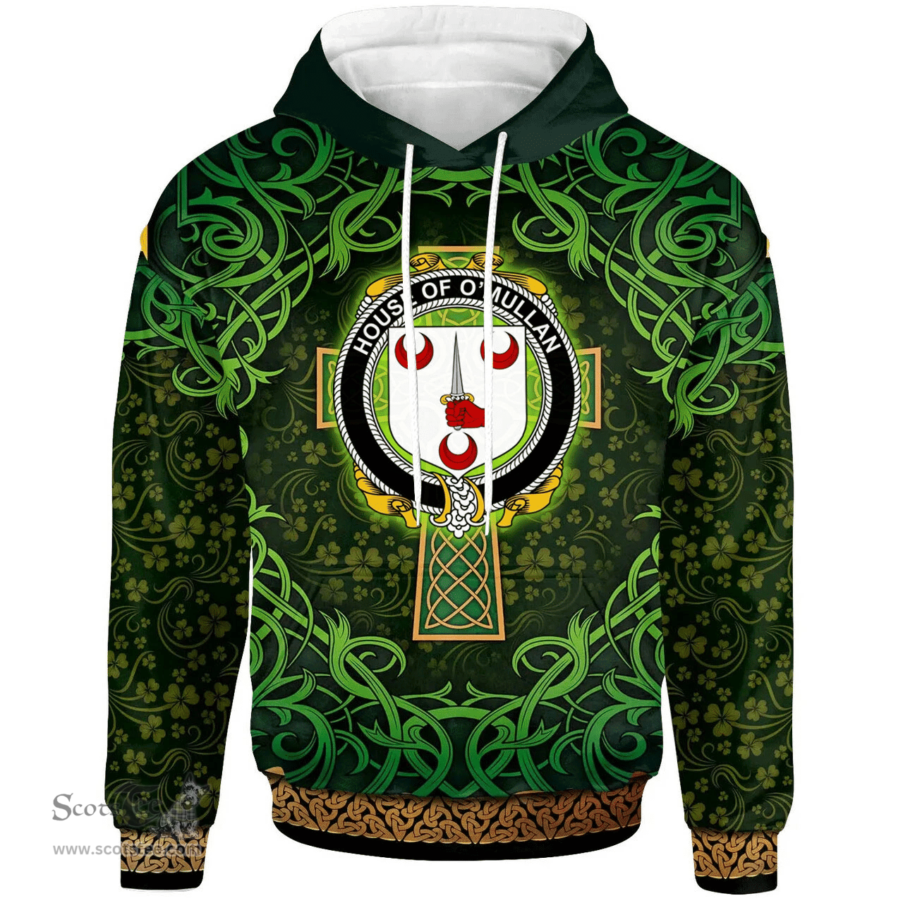 ScotsTee Shop Irish House of O'MULLAN Coat of Arms Family Crest Ireland Hoodie Celtic Cross Shamrock Patterns