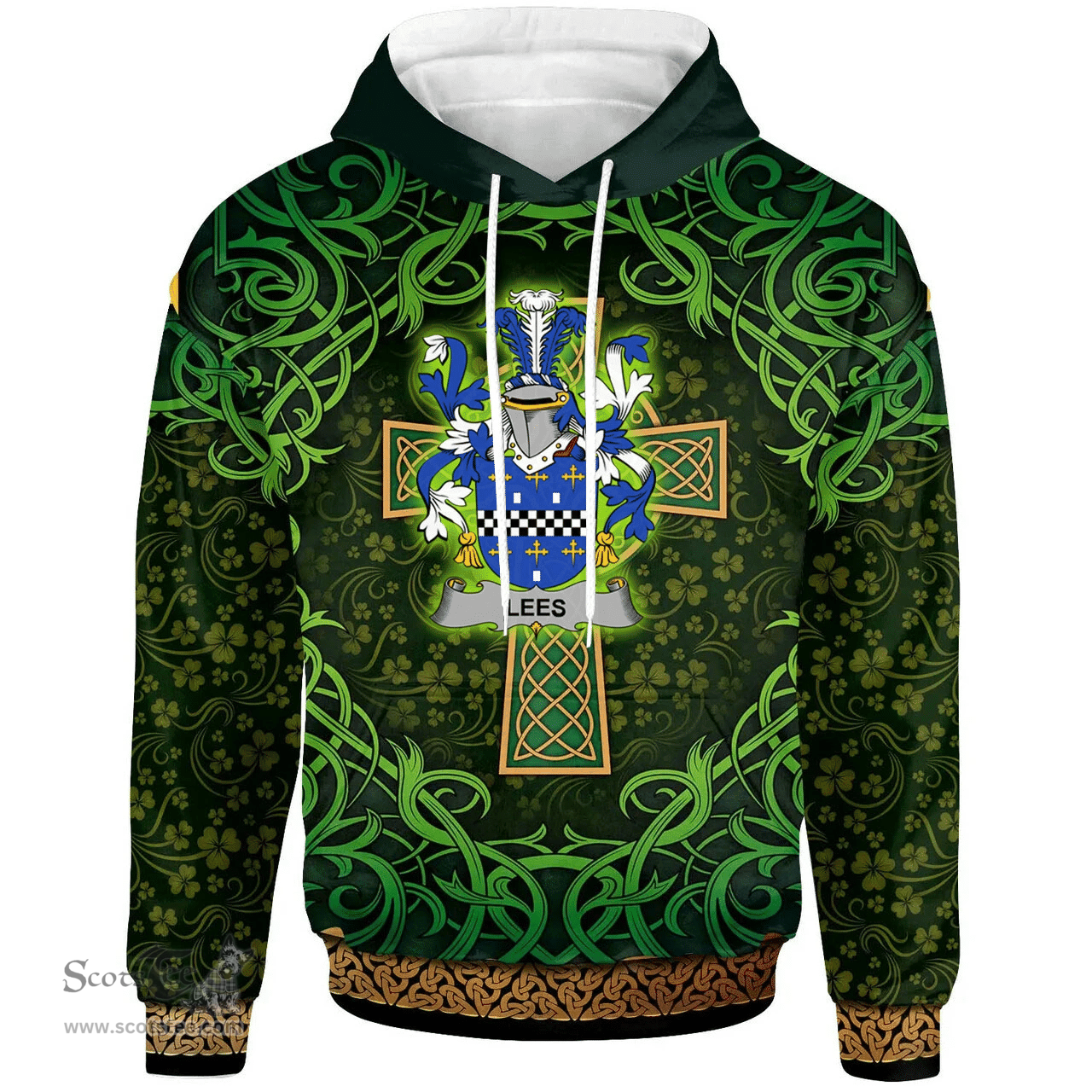 ScotsTee Shop Irish Lees or McAleese Coat of Arms Family Crest Ireland Hoodie Celtic Cross Shamrock Patterns