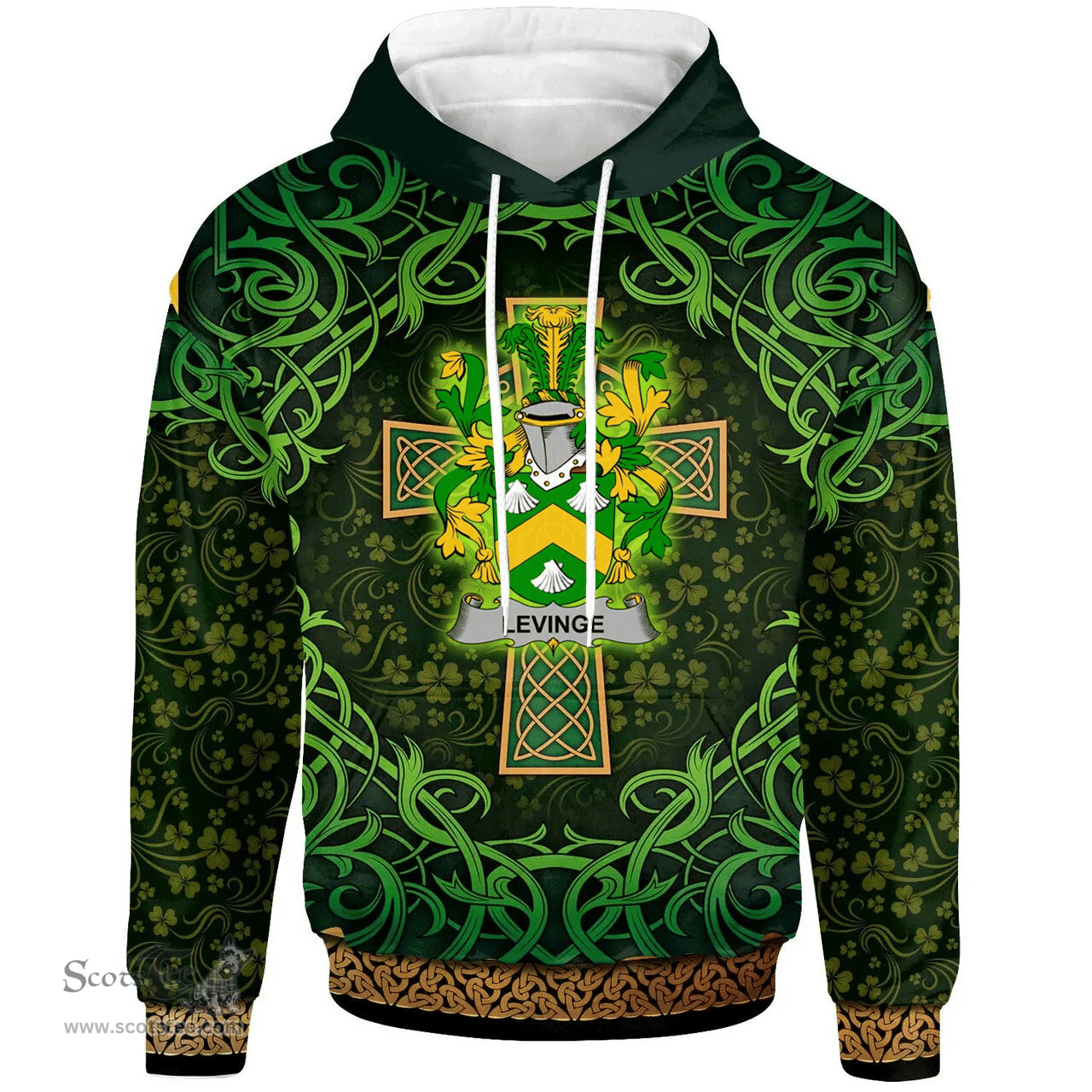 ScotsTee Shop Irish Levinge or Levens Coat of Arms Family Crest Ireland Hoodie Celtic Cross Shamrock Patterns