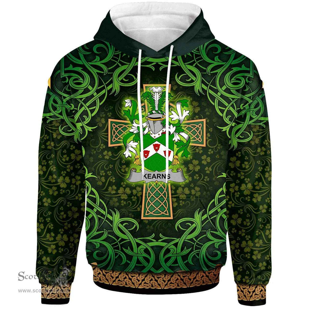 ScotsTee Shop Irish Kearns or O'Kearon Coat of Arms Family Crest Ireland Hoodie Celtic Cross Shamrock Patterns