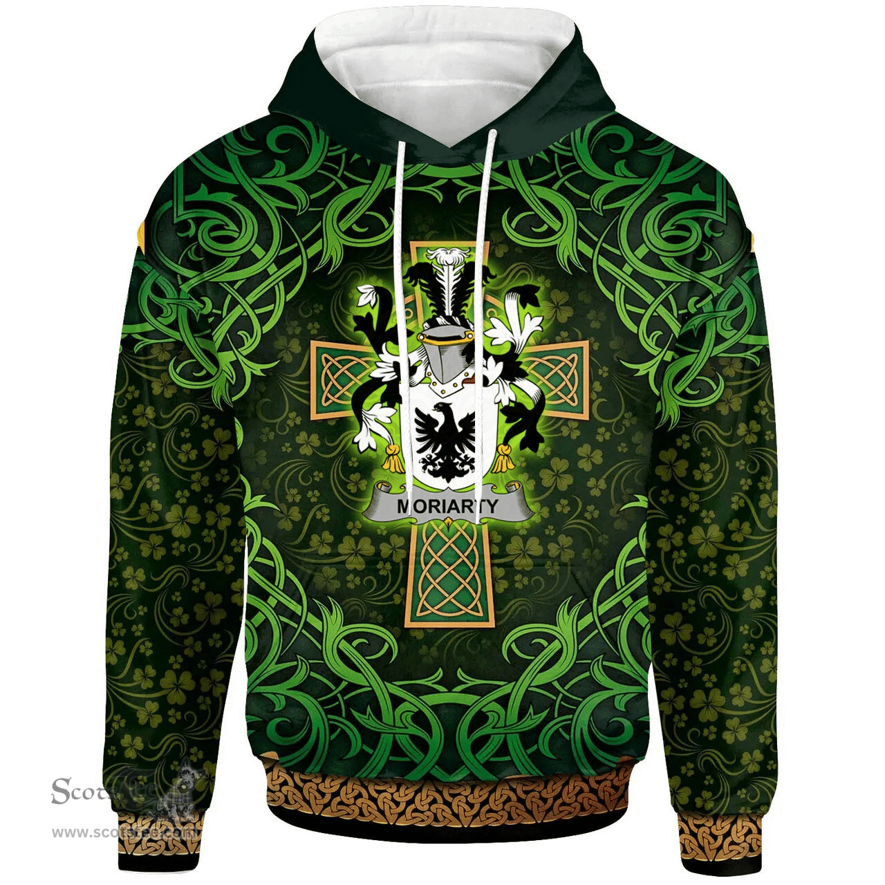 ScotsTee Shop Irish Moriarty or O'Moriarty Coat of Arms Family Crest Ireland Hoodie Celtic Cross Shamrock Patterns