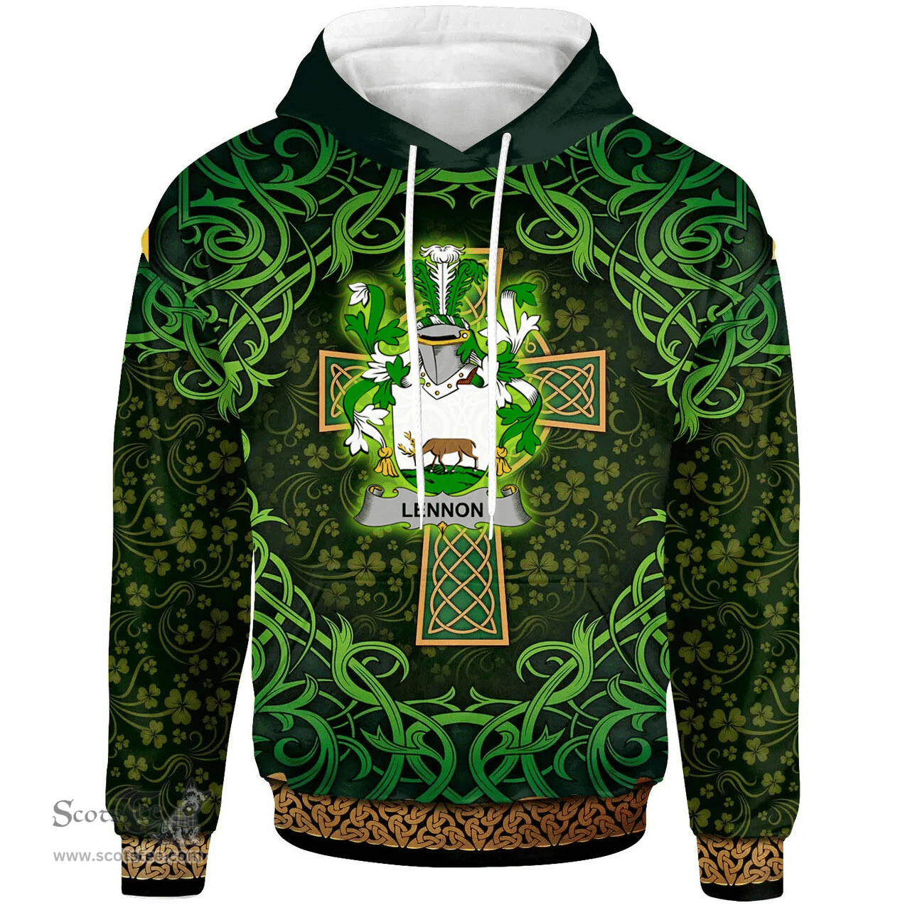 ScotsTee Shop Irish Lennon or O'Lennon Coat of Arms Family Crest Ireland Hoodie Celtic Cross Shamrock Patterns