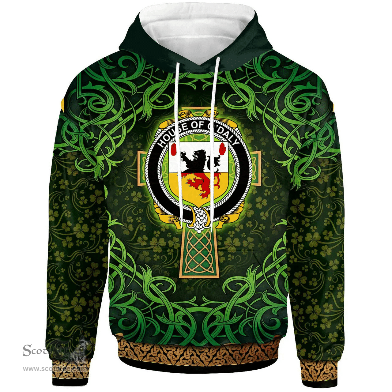 ScotsTee Shop Irish House of O'DALY Coat of Arms Family Crest Ireland Hoodie Celtic Cross Shamrock Patterns